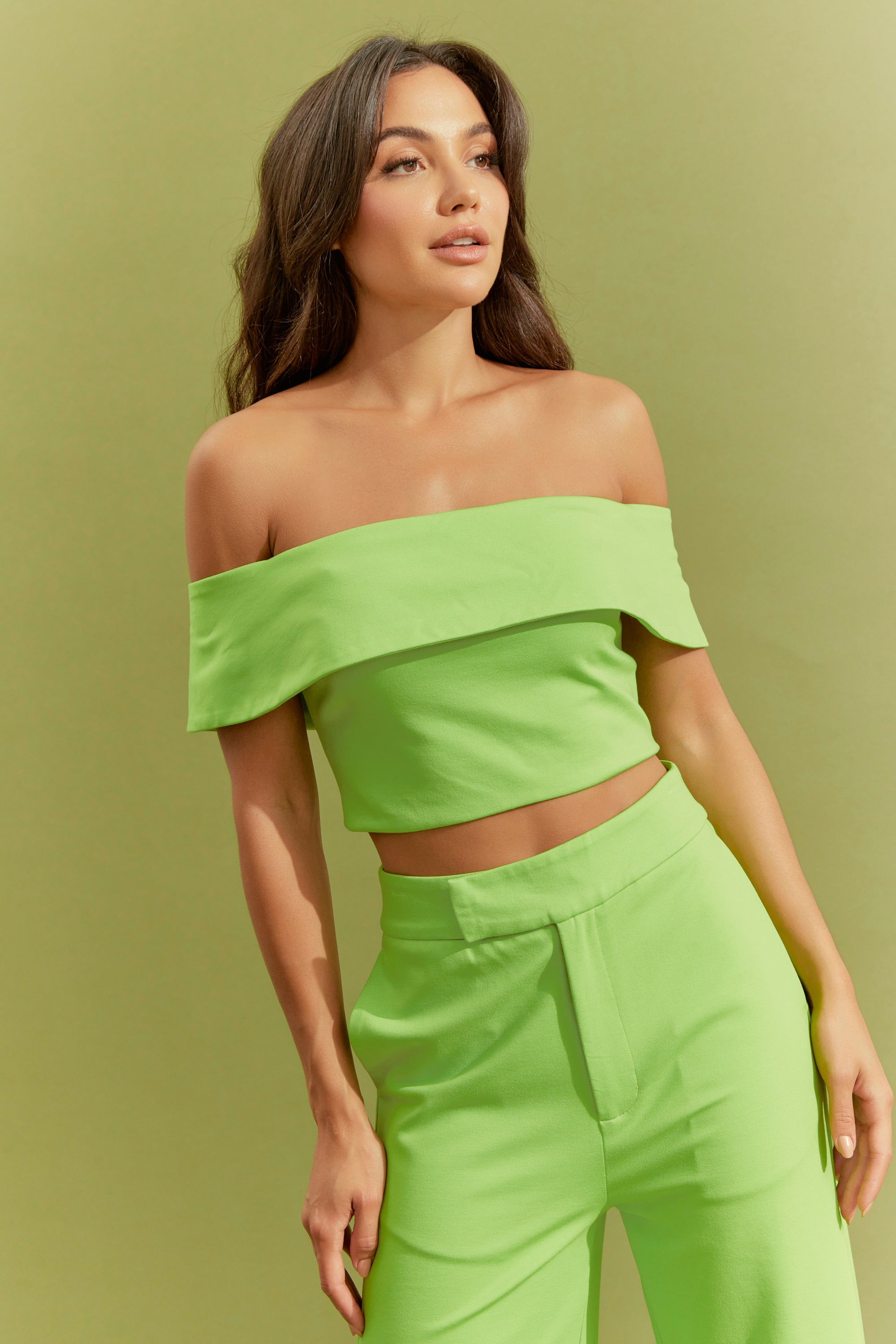 Knit Off Shoulder Crop Top and Wide Leg Pants Set