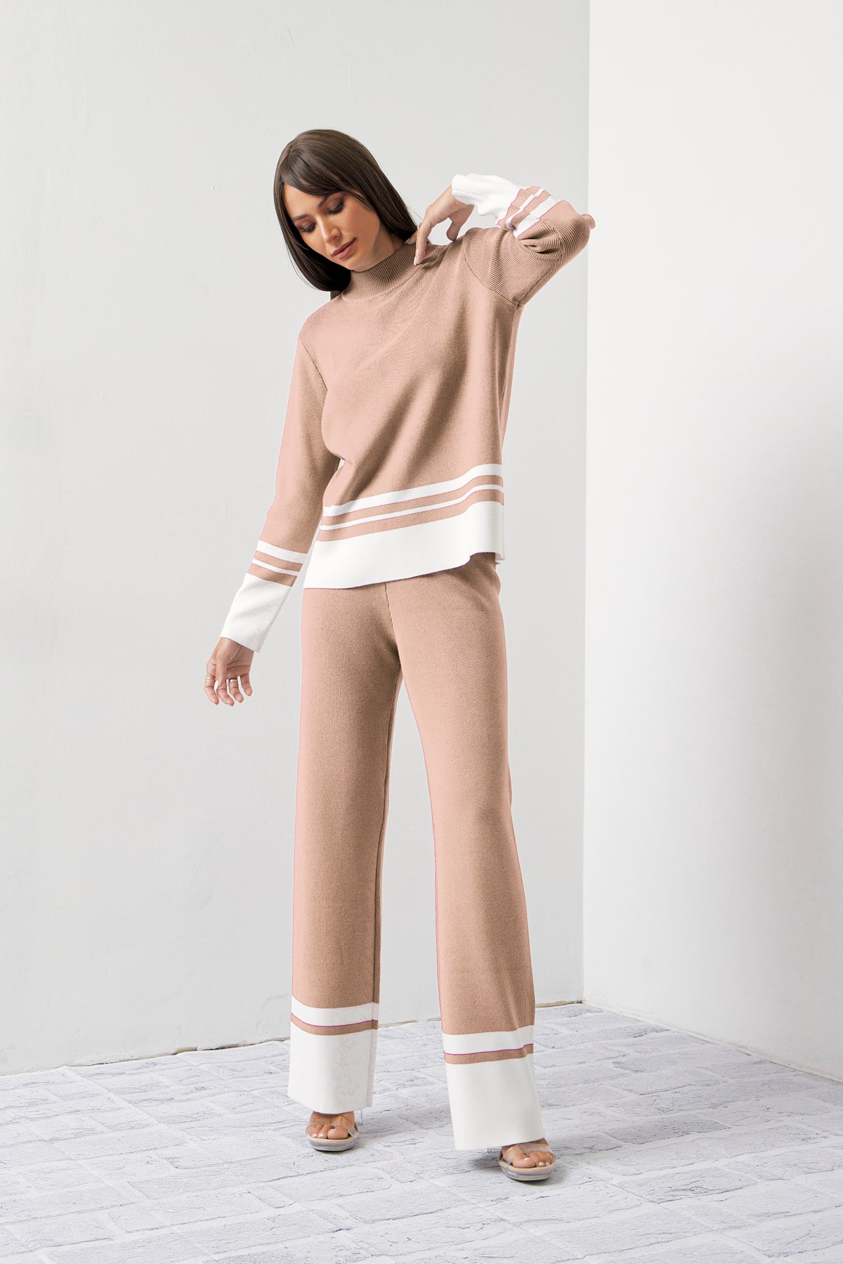 Day To Day Knit Stripe Long Sleeve Top and Pants Set