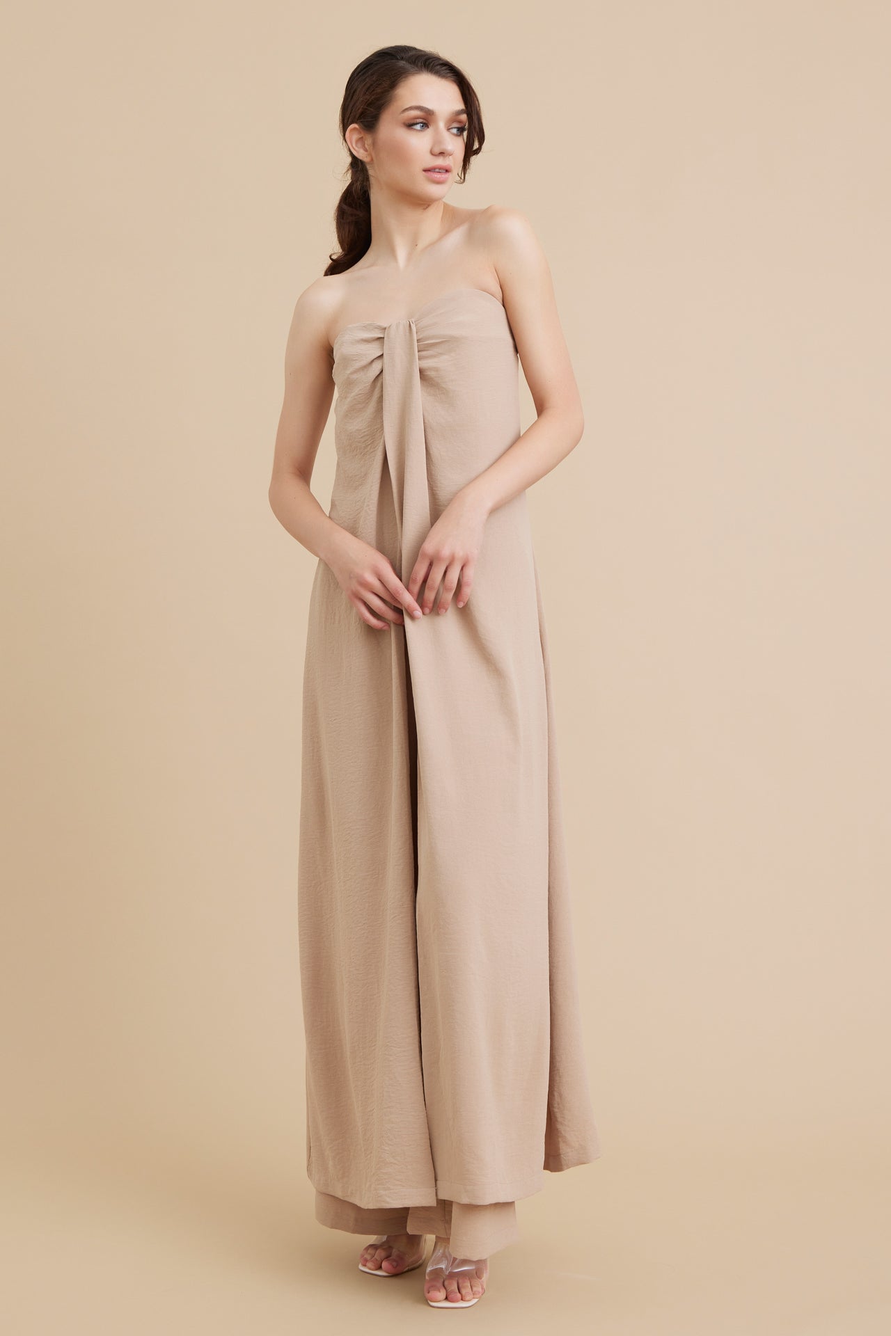 Woven Exaggerated Slit Tube Top and Wide Leg Pants Sets