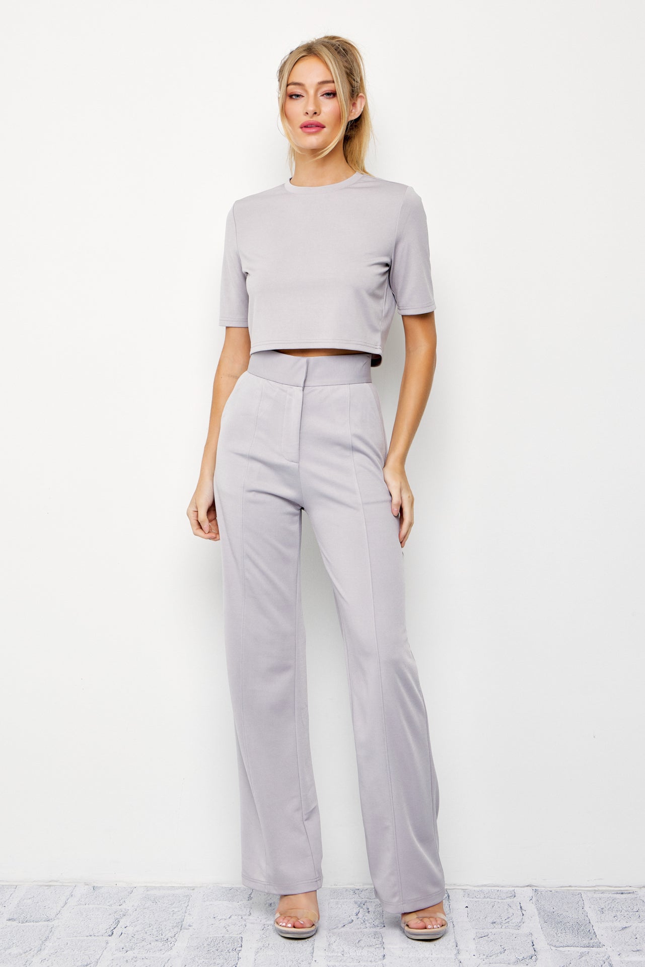 Casual Day Crop Top and High Waist Pants Set