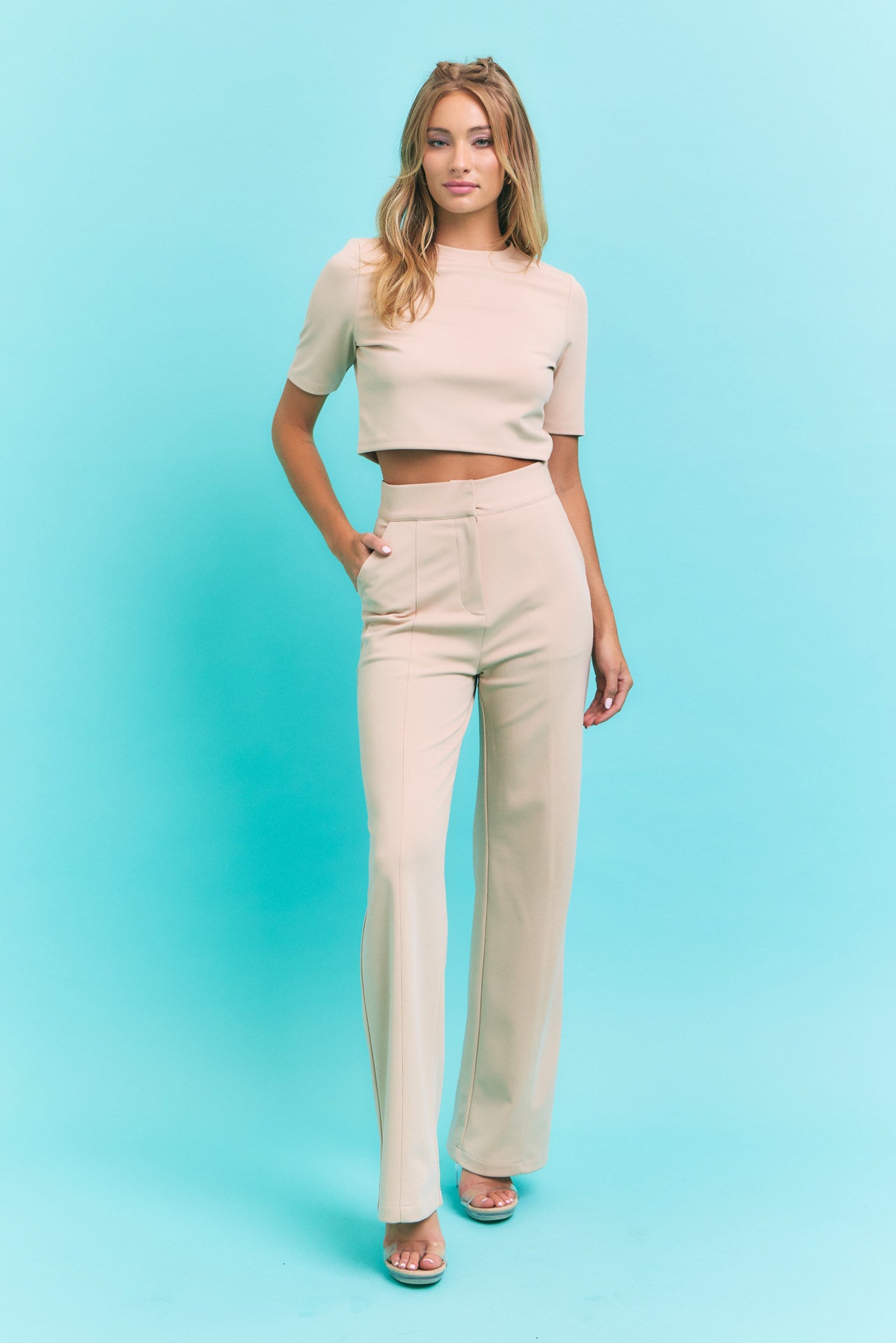 Casual Day Crop Top and High Waist Pants Set