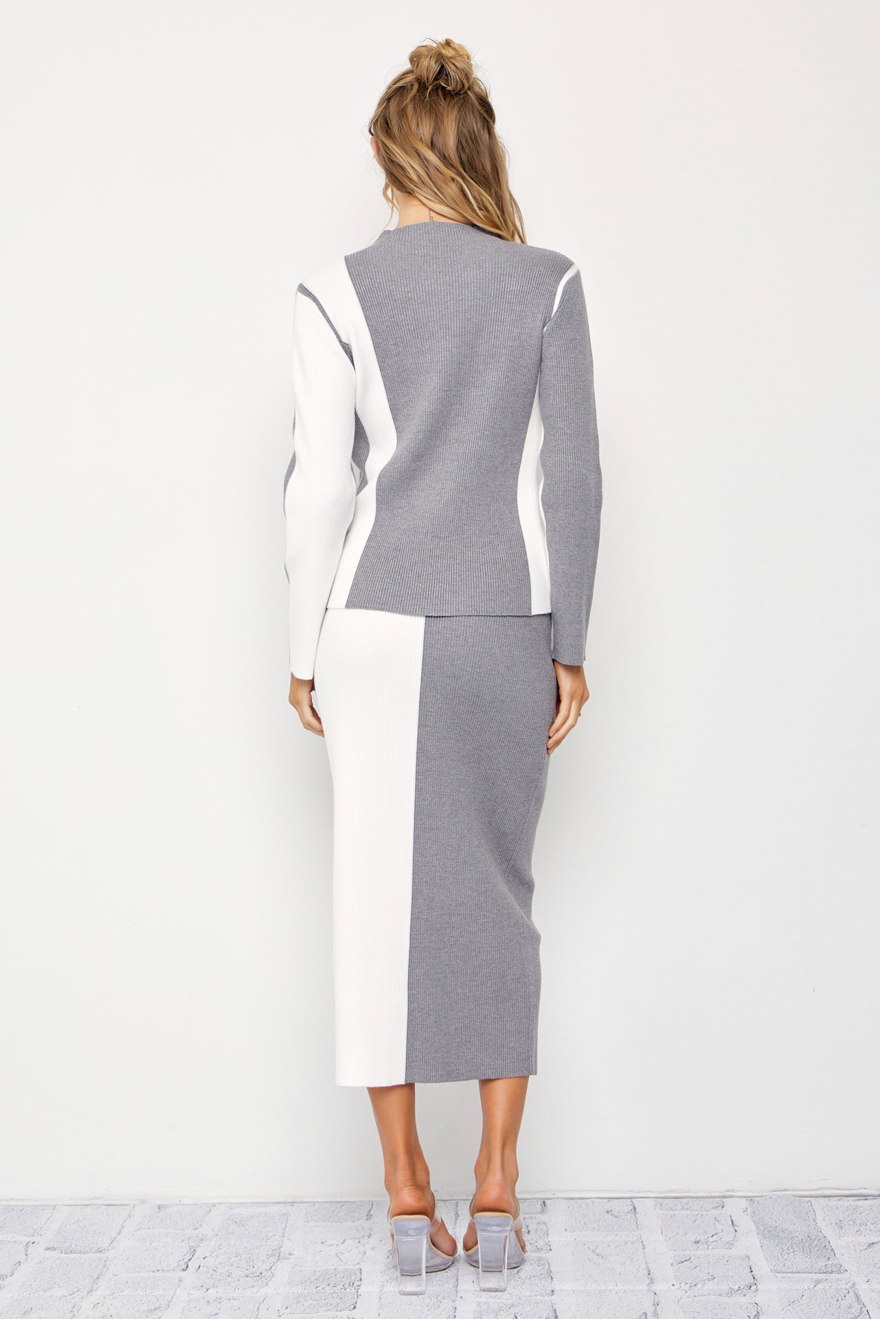 Mindy Knit Color Block Long Sleeve Top And Skirt Set