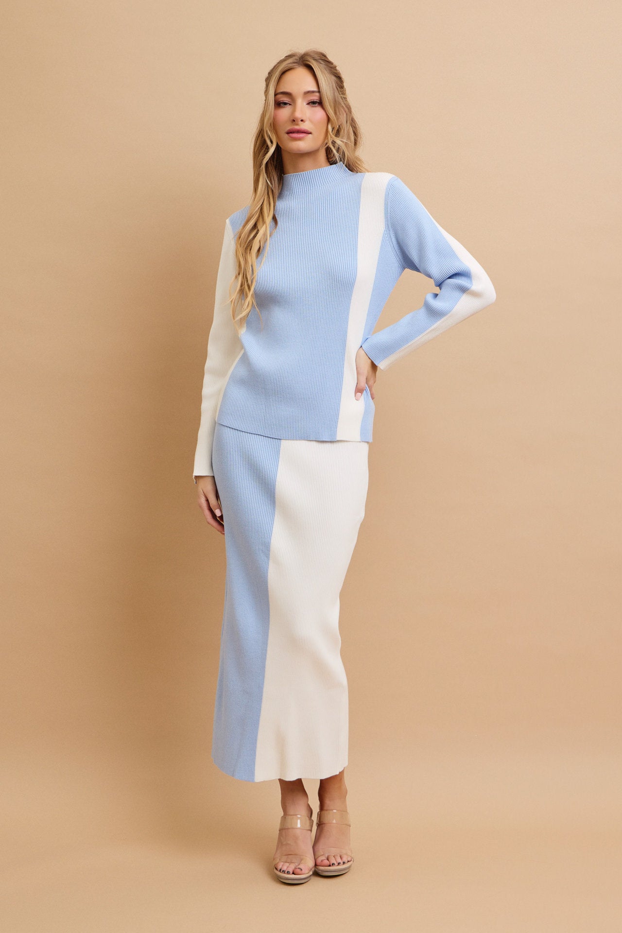 Mindy Knit Color Block Long Sleeve Top And Skirt Set