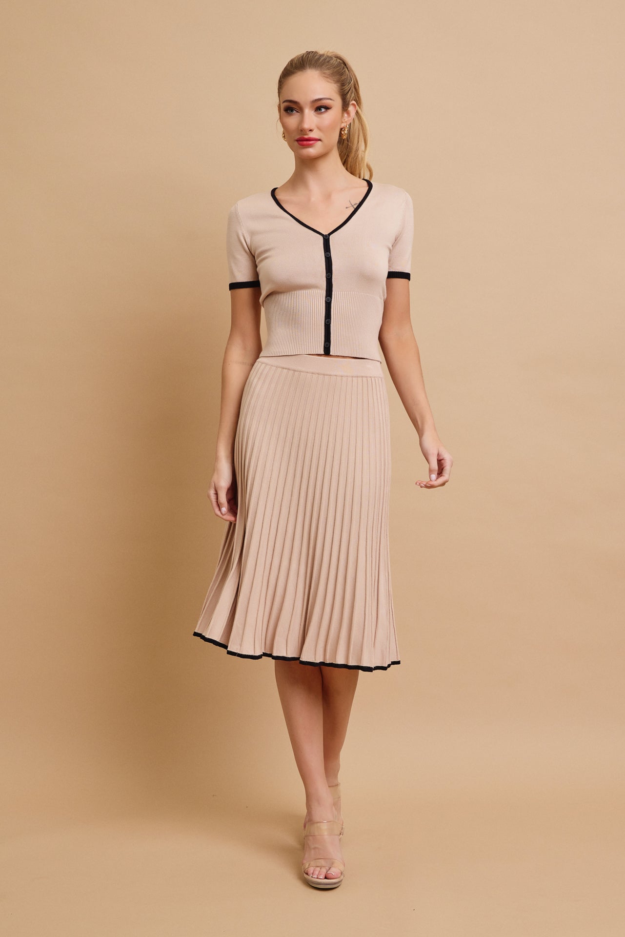 Evadne Short Sleeve Top With Flare Skirt Set