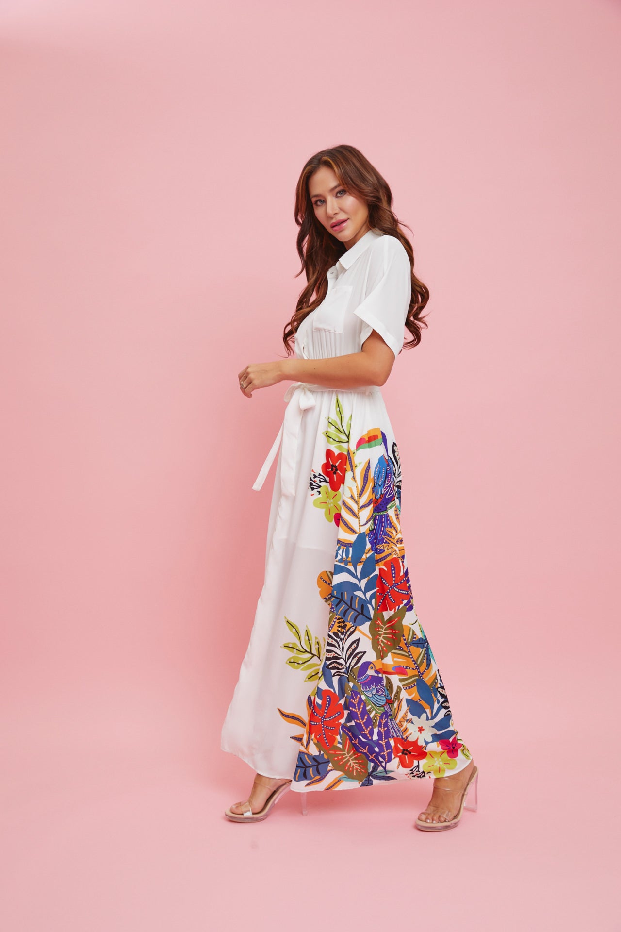 Woven Print Short Sleeve Button Down Maxi Dress