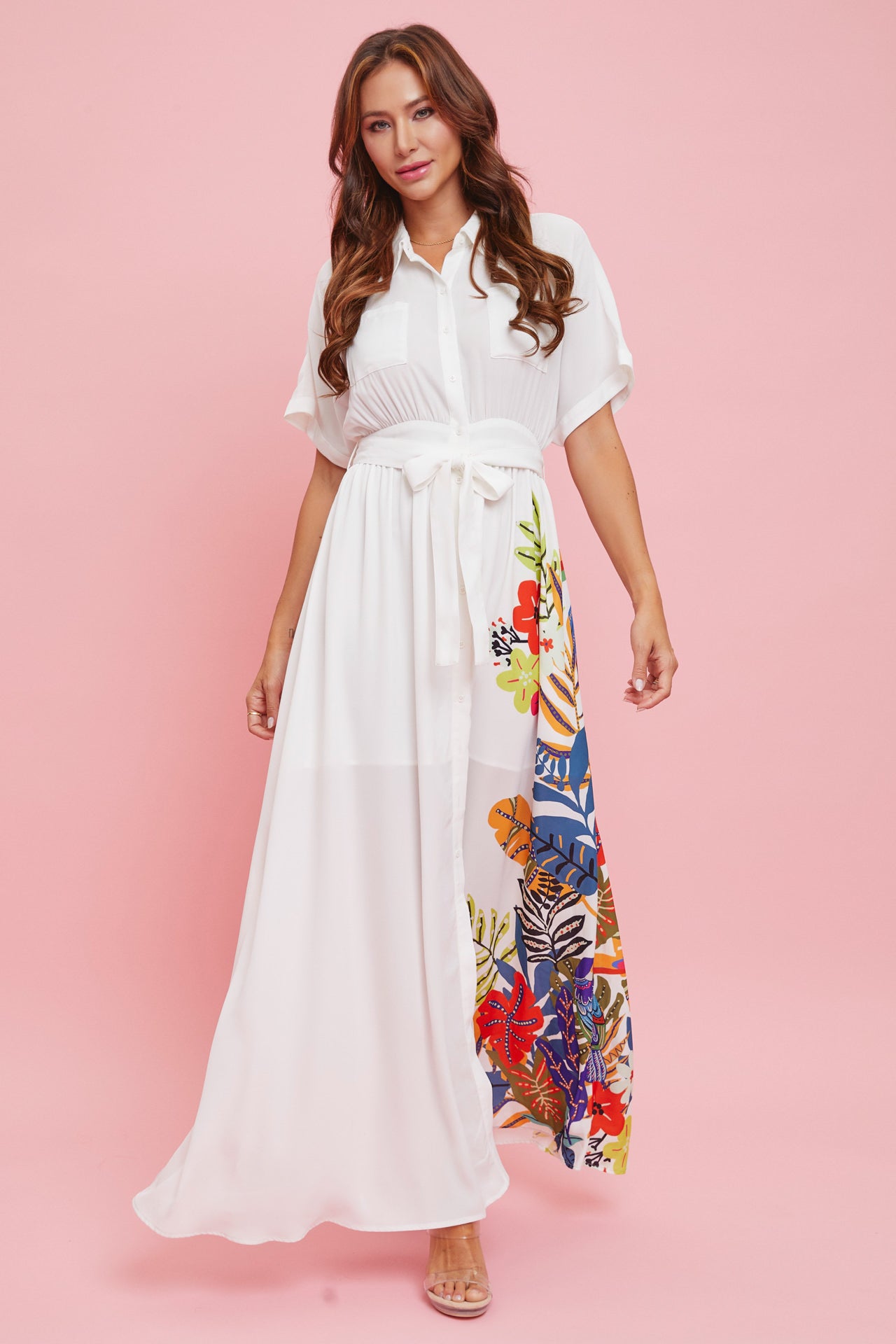 Woven Print Short Sleeve Button Down Maxi Dress