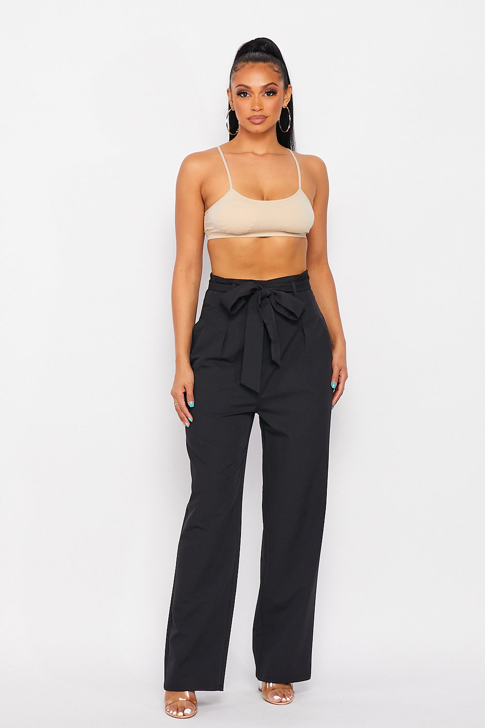 High Waist Pants With Self Bow Tie Belt