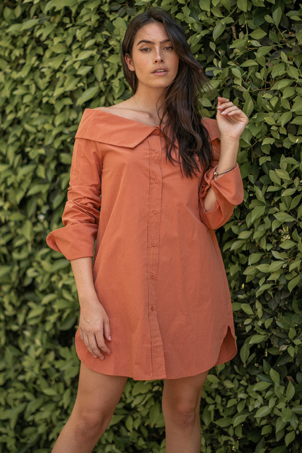 Cotton Off Shoulder Button Down Shirt Dress