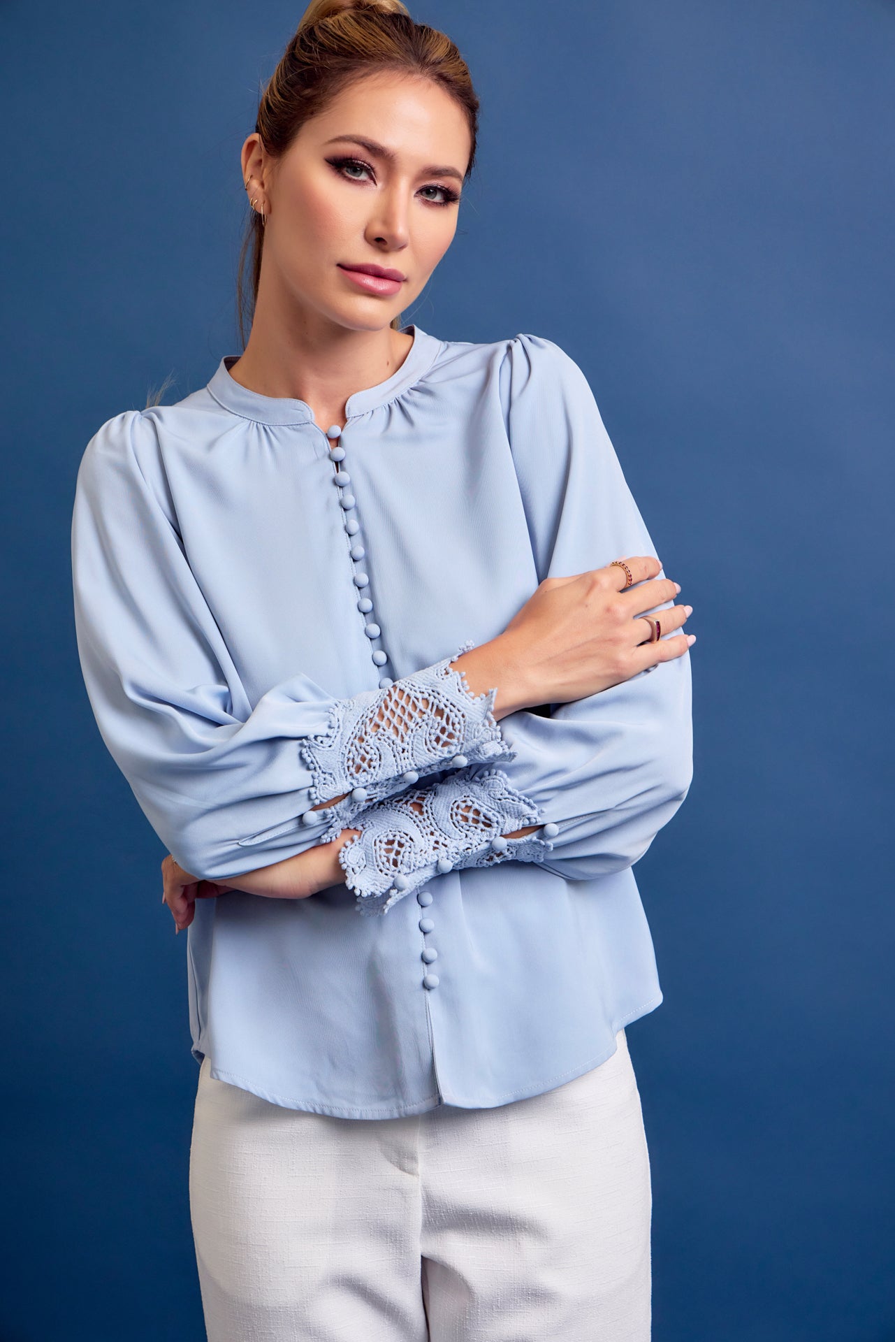 Perfect Vibes Button Down Blouse with Lace Cuffs