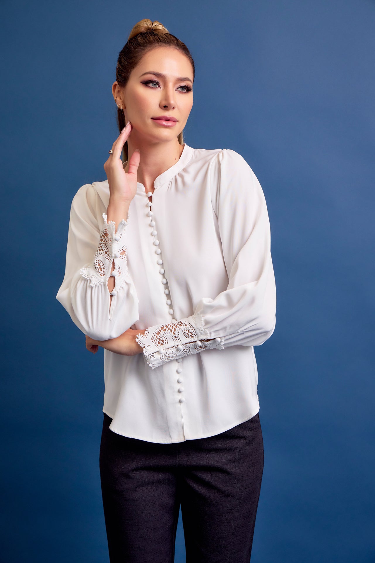 Perfect Vibes Button Down Blouse with Lace Cuffs