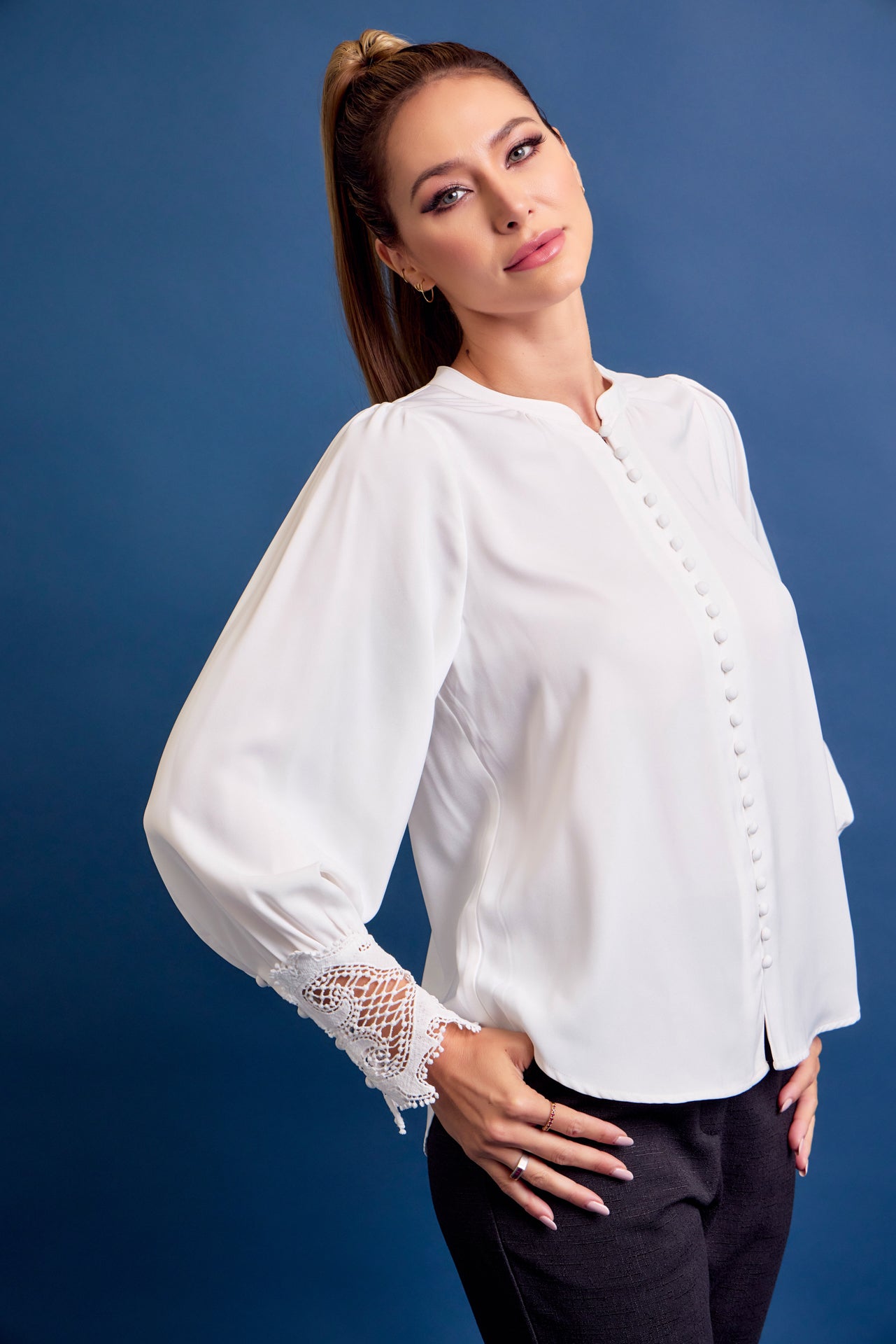 Perfect Vibes Button Down Blouse with Lace Cuffs