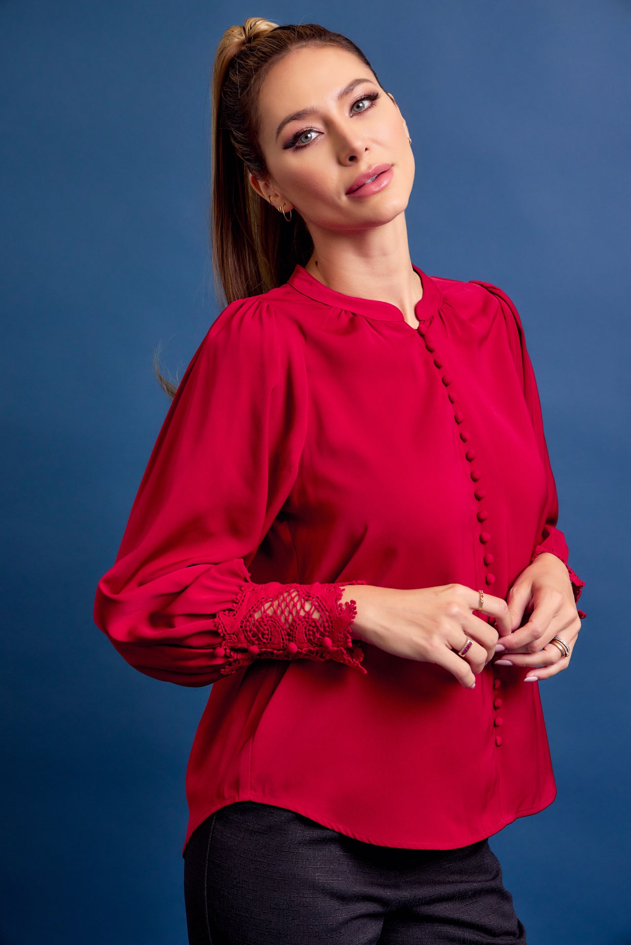 Perfect Vibes Button Down Blouse with Lace Cuffs