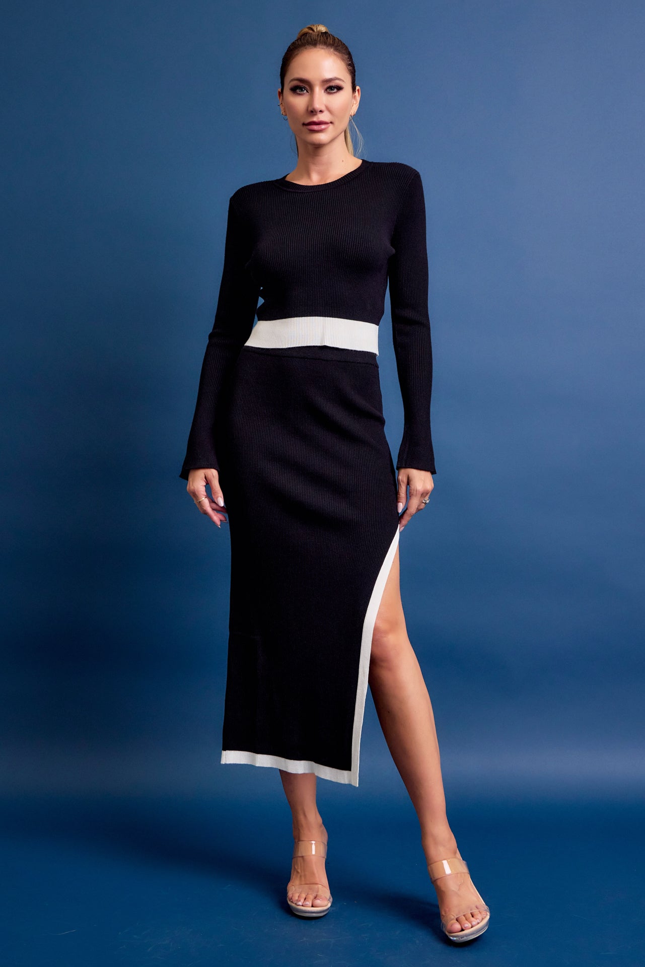 Jia Knit Cropped Bell Sleeve Top and Midi Skirt with Contrast