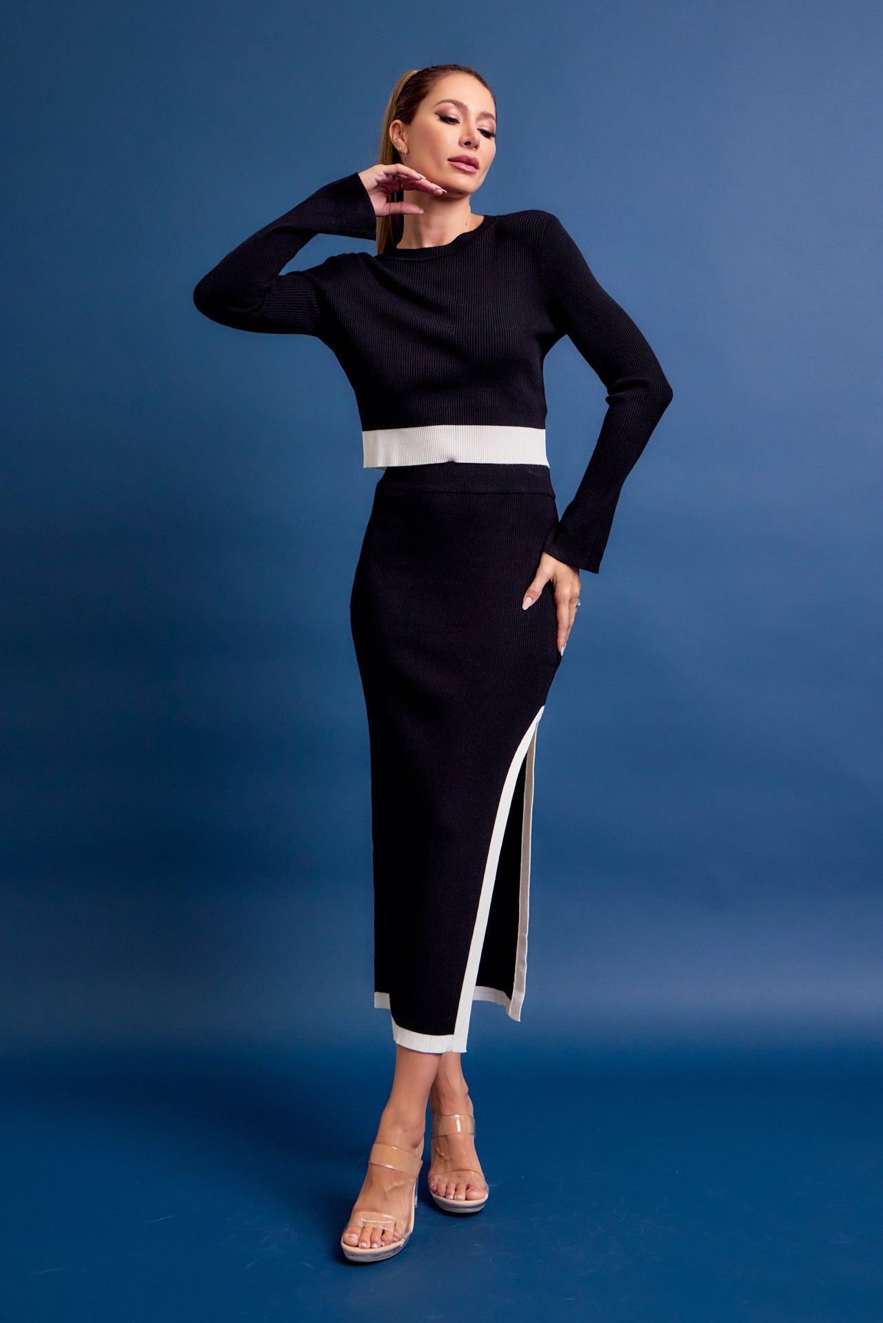 Jia Knit Cropped Bell Sleeve Top and Midi Skirt with Contrast