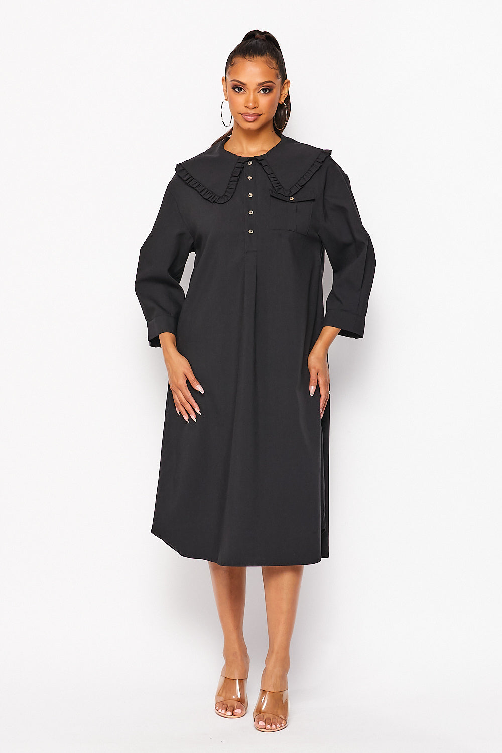 Oversized Bib Collar Midi Shirt Dress