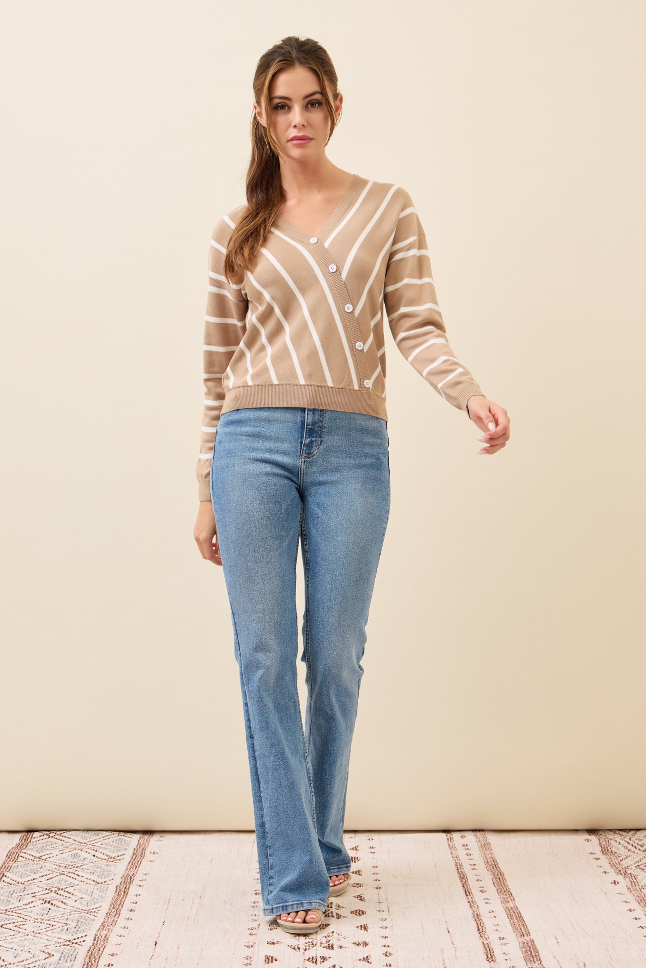 Elysia Knit Stripe Long Sleeve Surplice Top With Button Detail