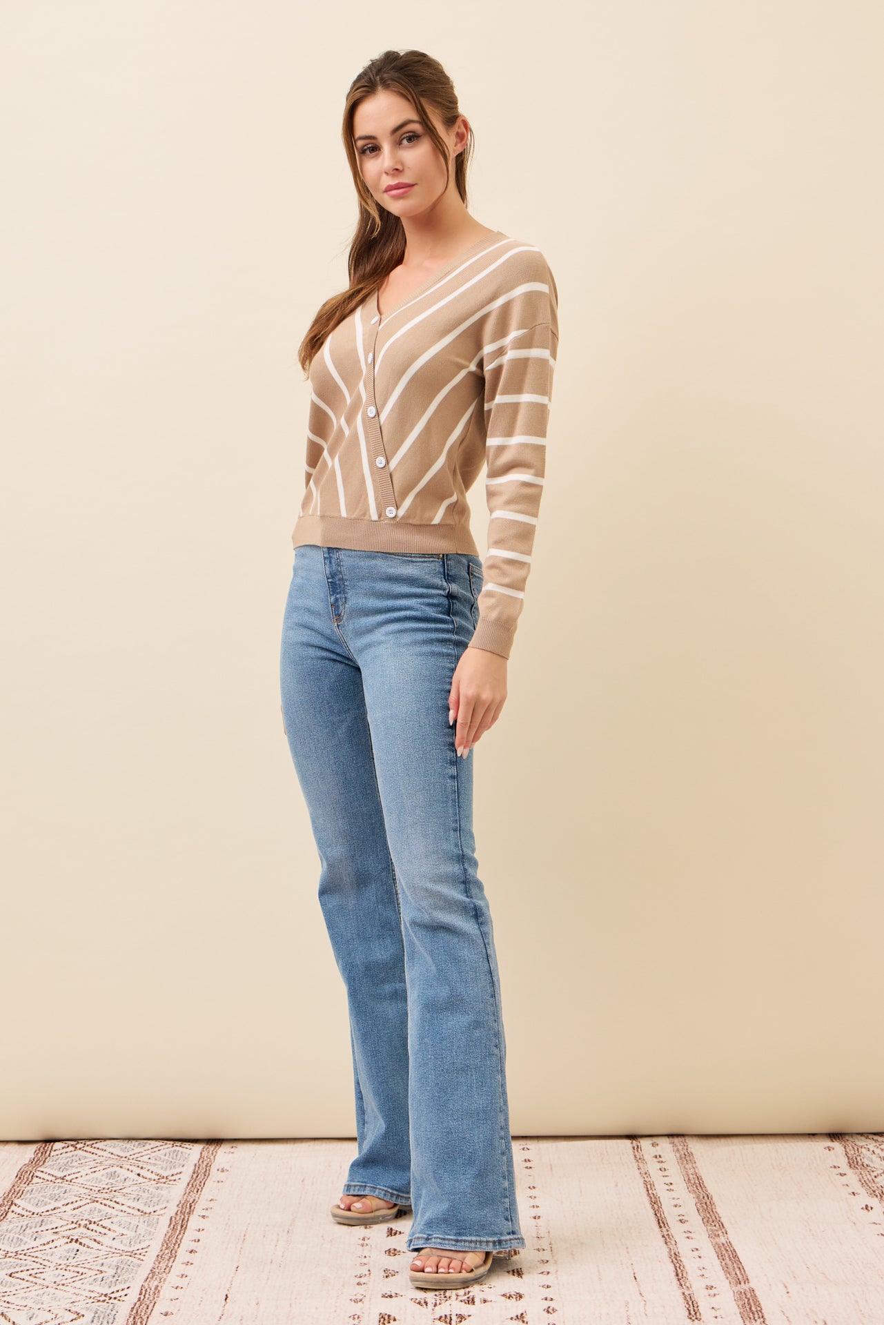 Elysia Knit Stripe Long Sleeve Surplice Top With Button Detail