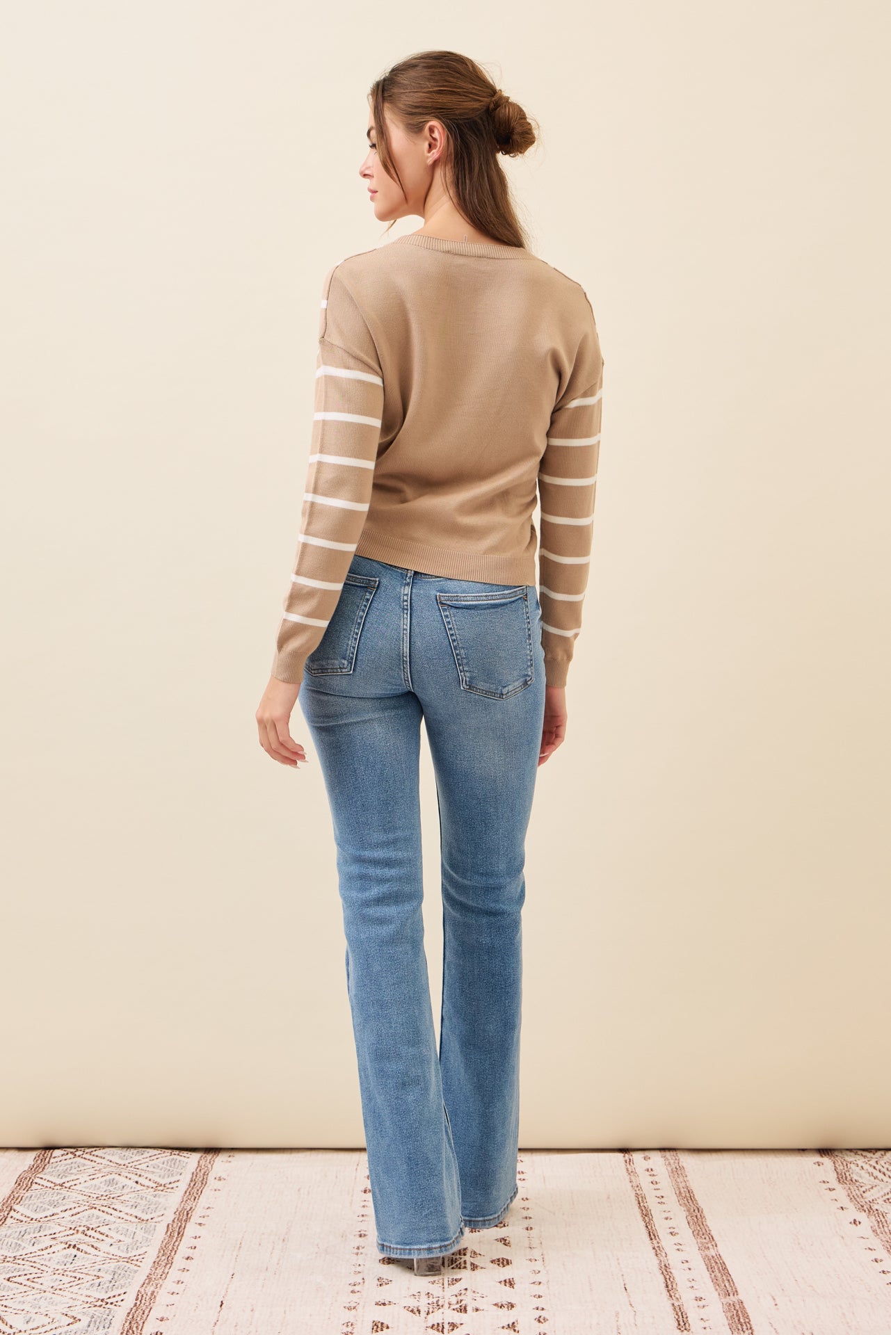 Elysia Knit Stripe Long Sleeve Surplice Top With Button Detail