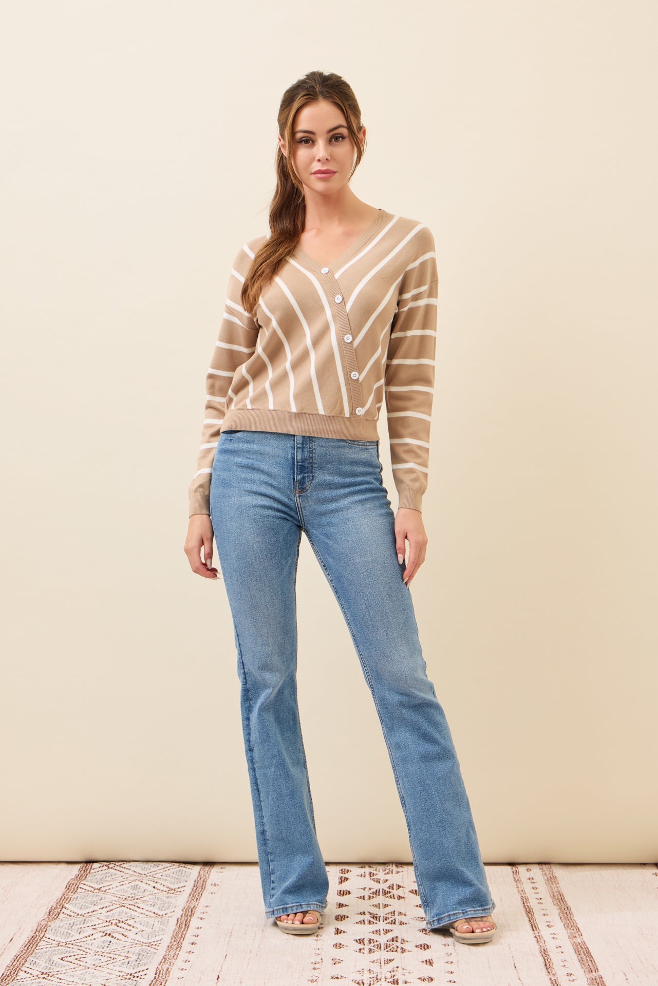 Elysia Knit Stripe Long Sleeve Surplice Top With Button Detail