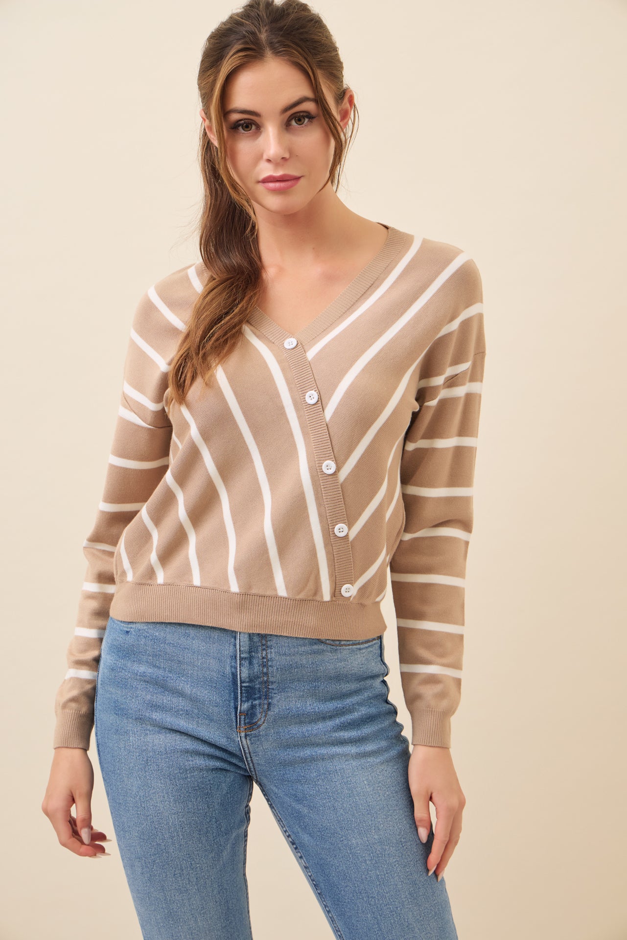 Elysia Knit Stripe Long Sleeve Surplice Top With Button Detail