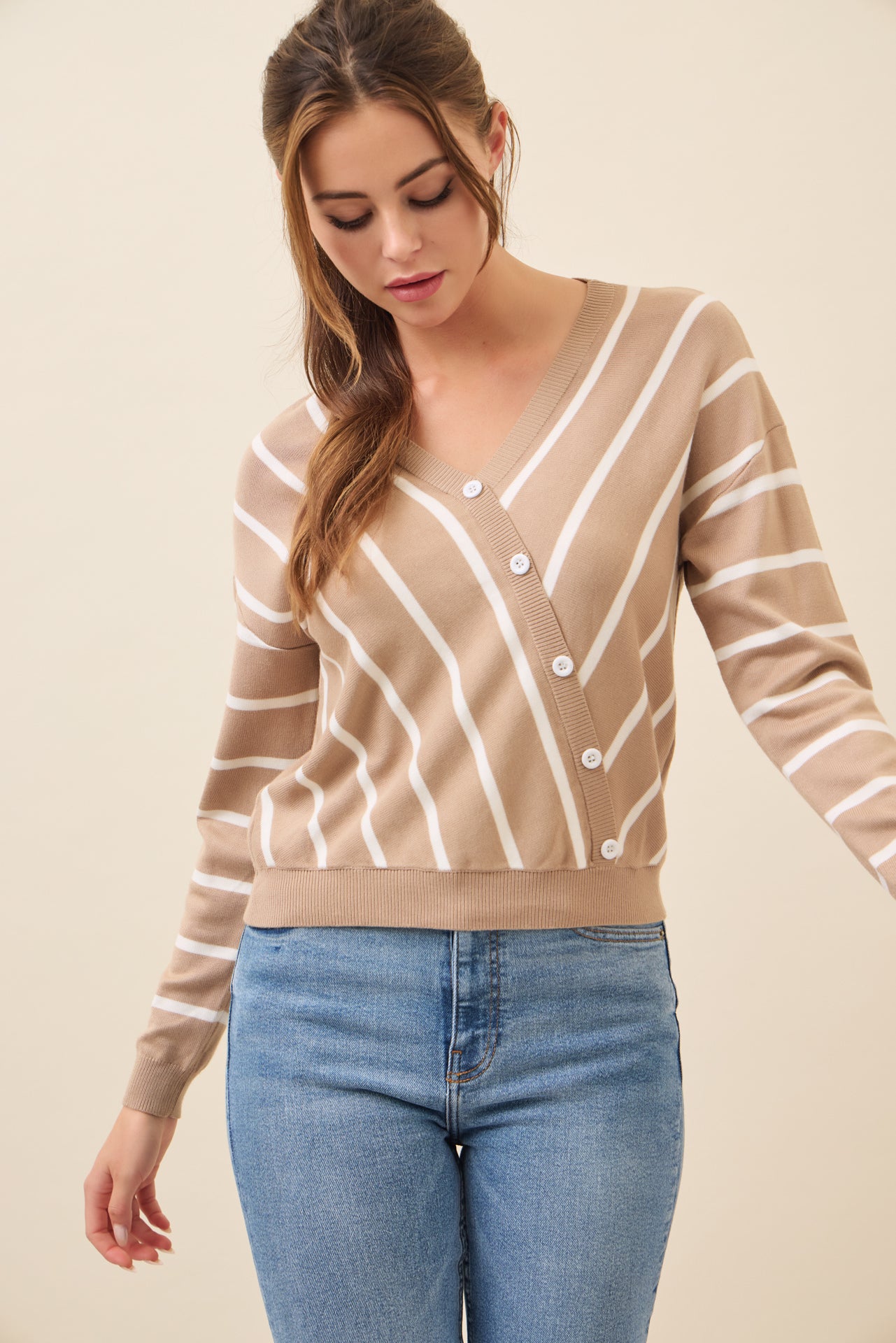 Elysia Knit Stripe Long Sleeve Surplice Top With Button Detail