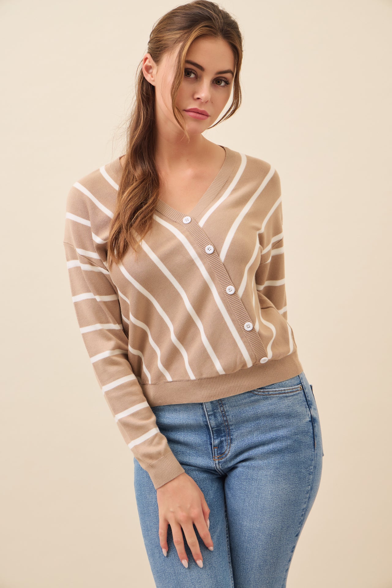 Elysia Knit Stripe Long Sleeve Surplice Top With Button Detail