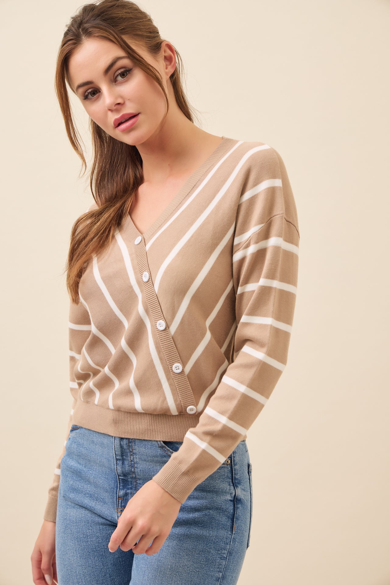 Elysia Knit Stripe Long Sleeve Surplice Top With Button Detail