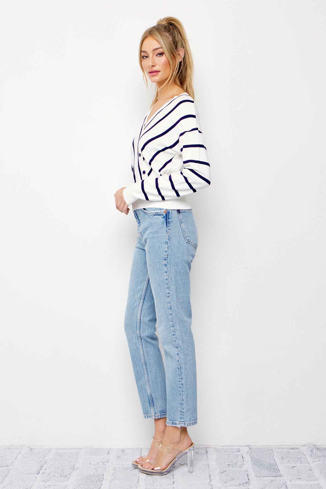 Elysia Knit Stripe Long Sleeve Surplice Top With Button Detail