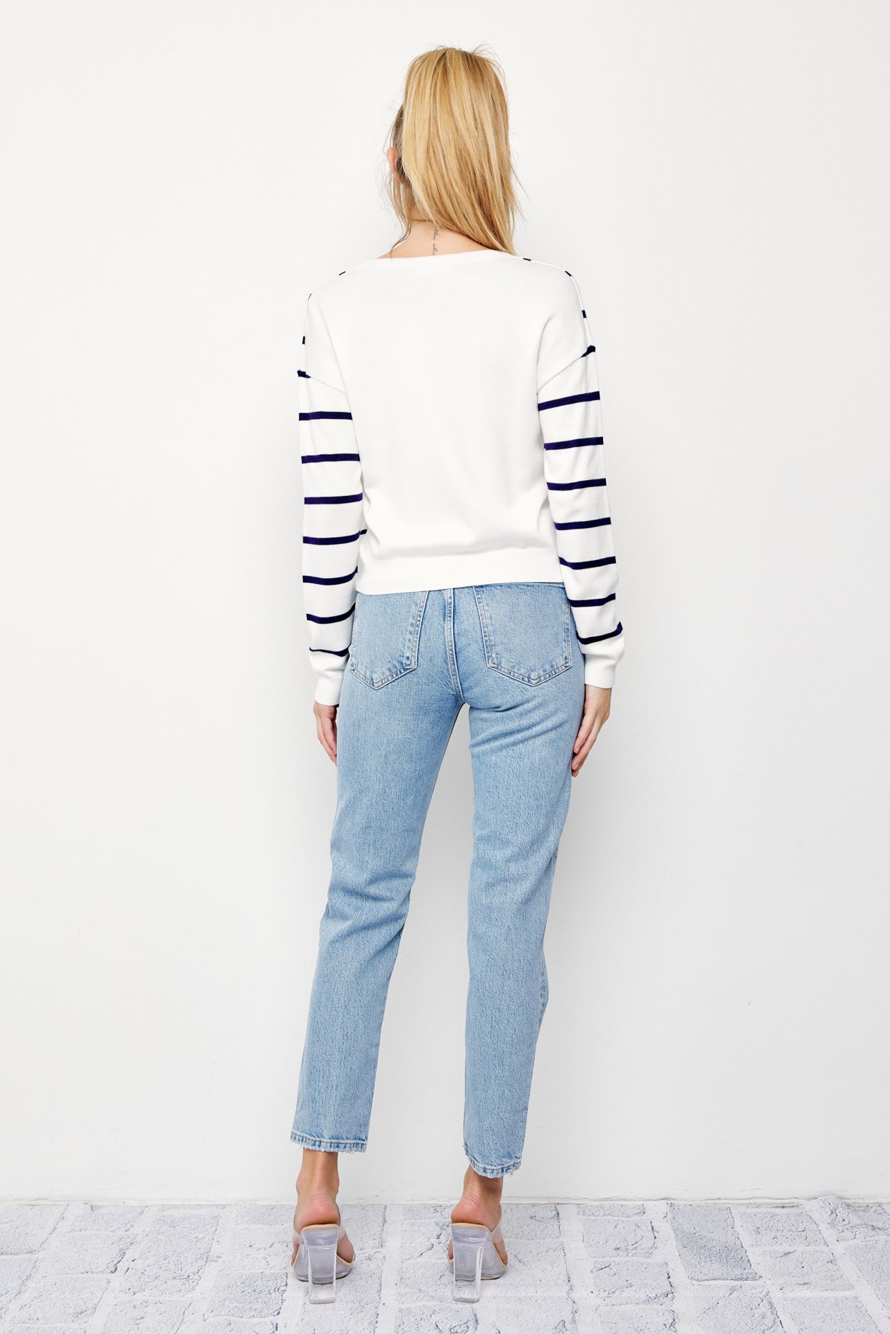 Elysia Knit Stripe Long Sleeve Surplice Top With Button Detail