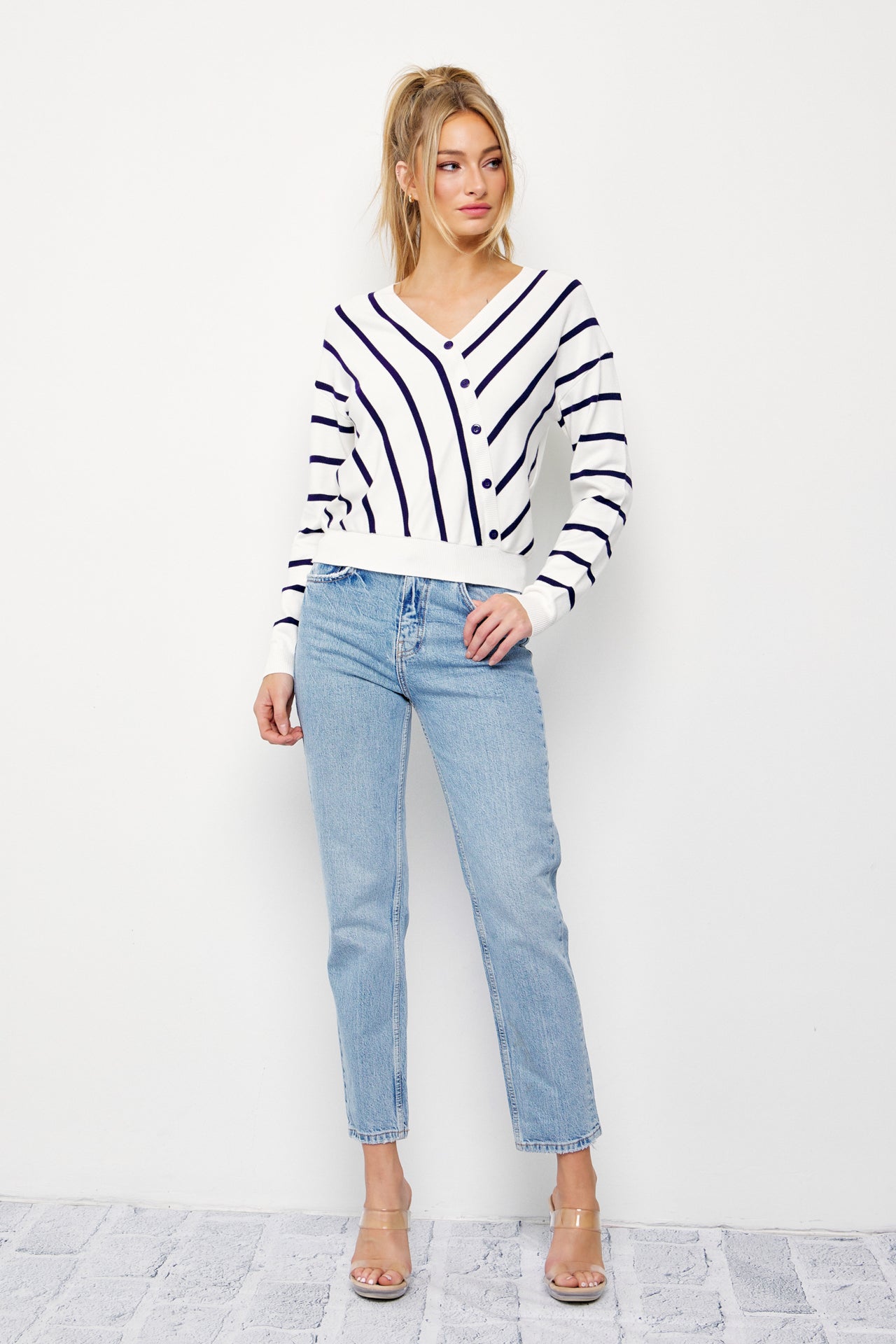 Elysia Knit Stripe Long Sleeve Surplice Top With Button Detail