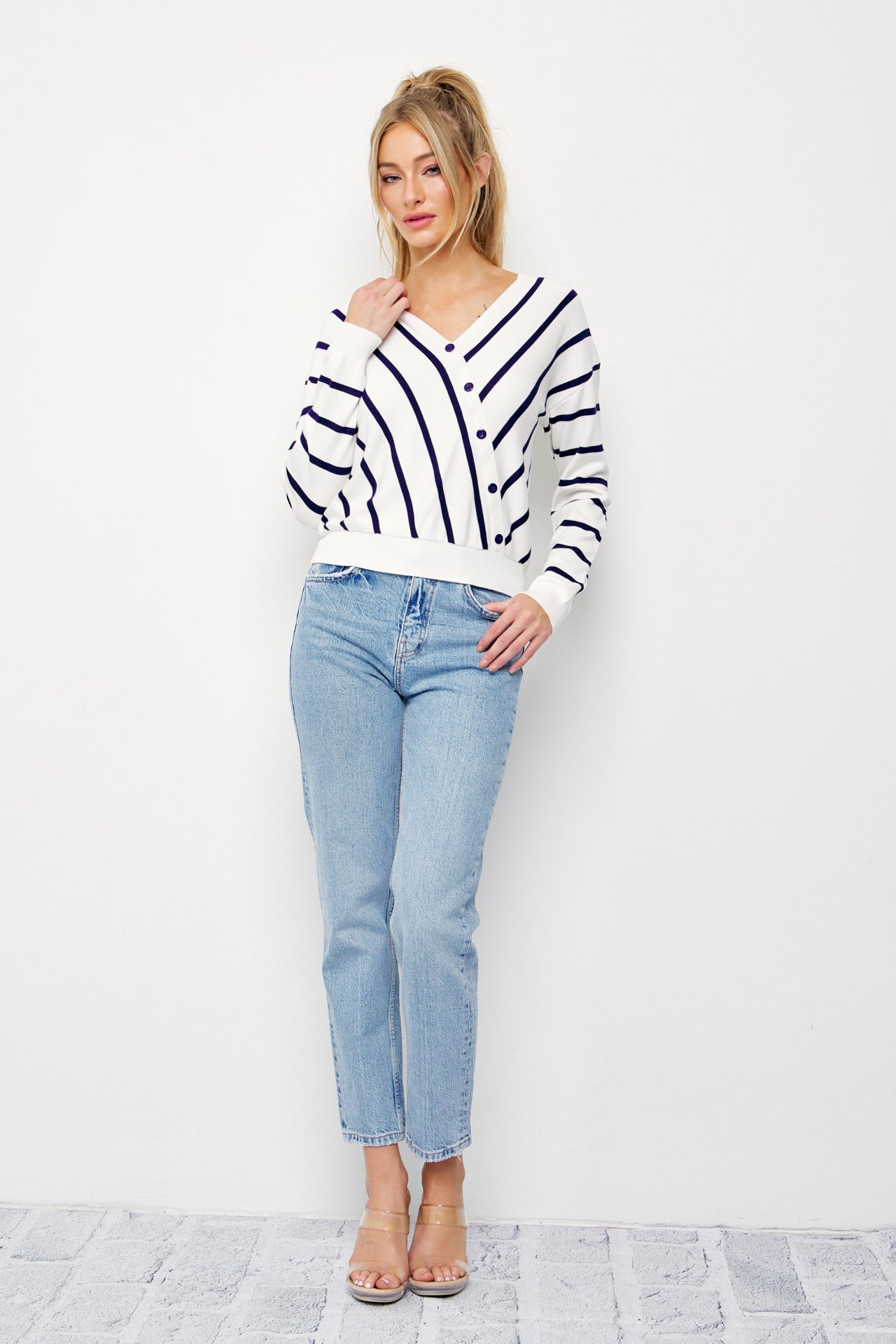 Elysia Knit Stripe Long Sleeve Surplice Top With Button Detail