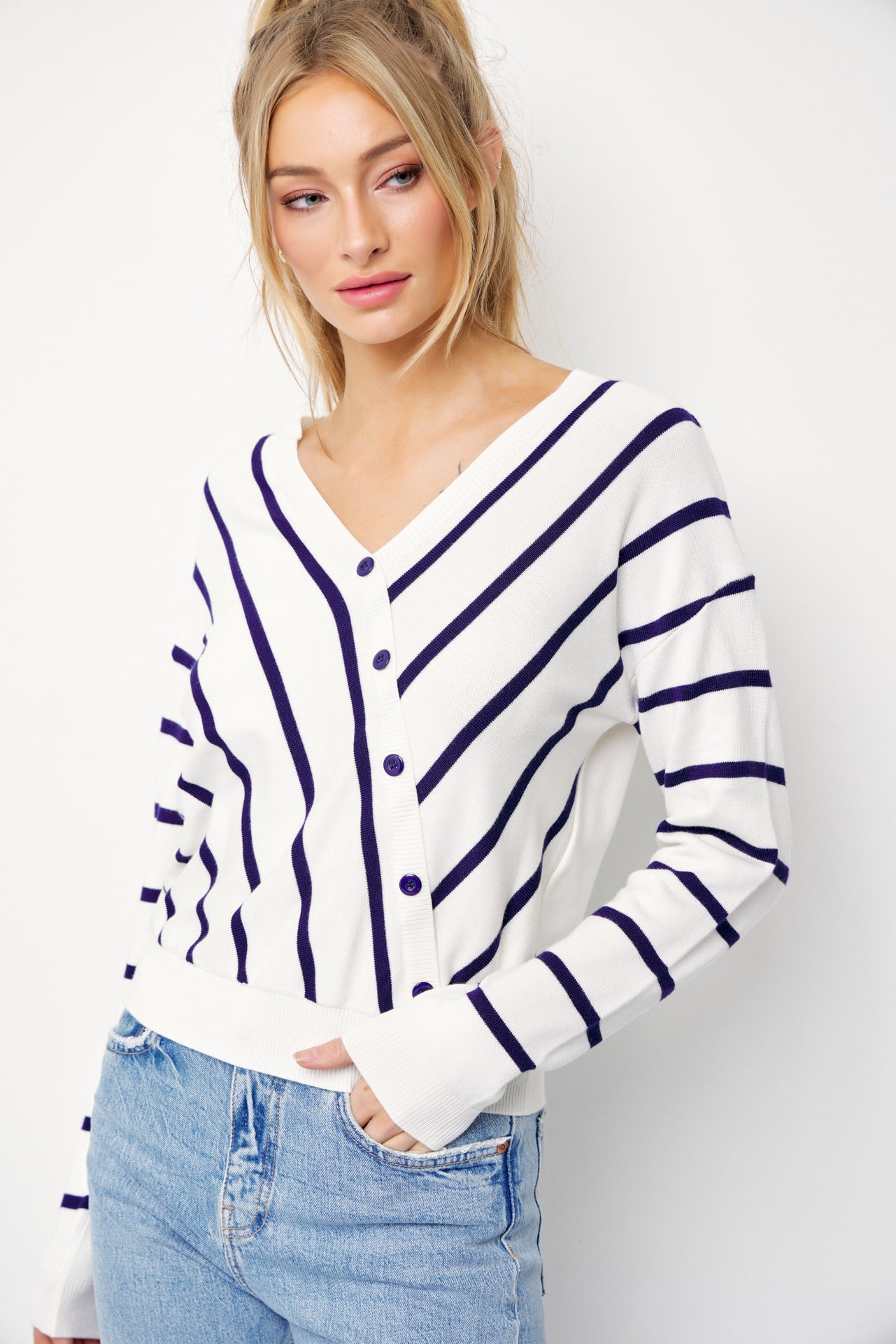 Elysia Knit Stripe Long Sleeve Surplice Top With Button Detail