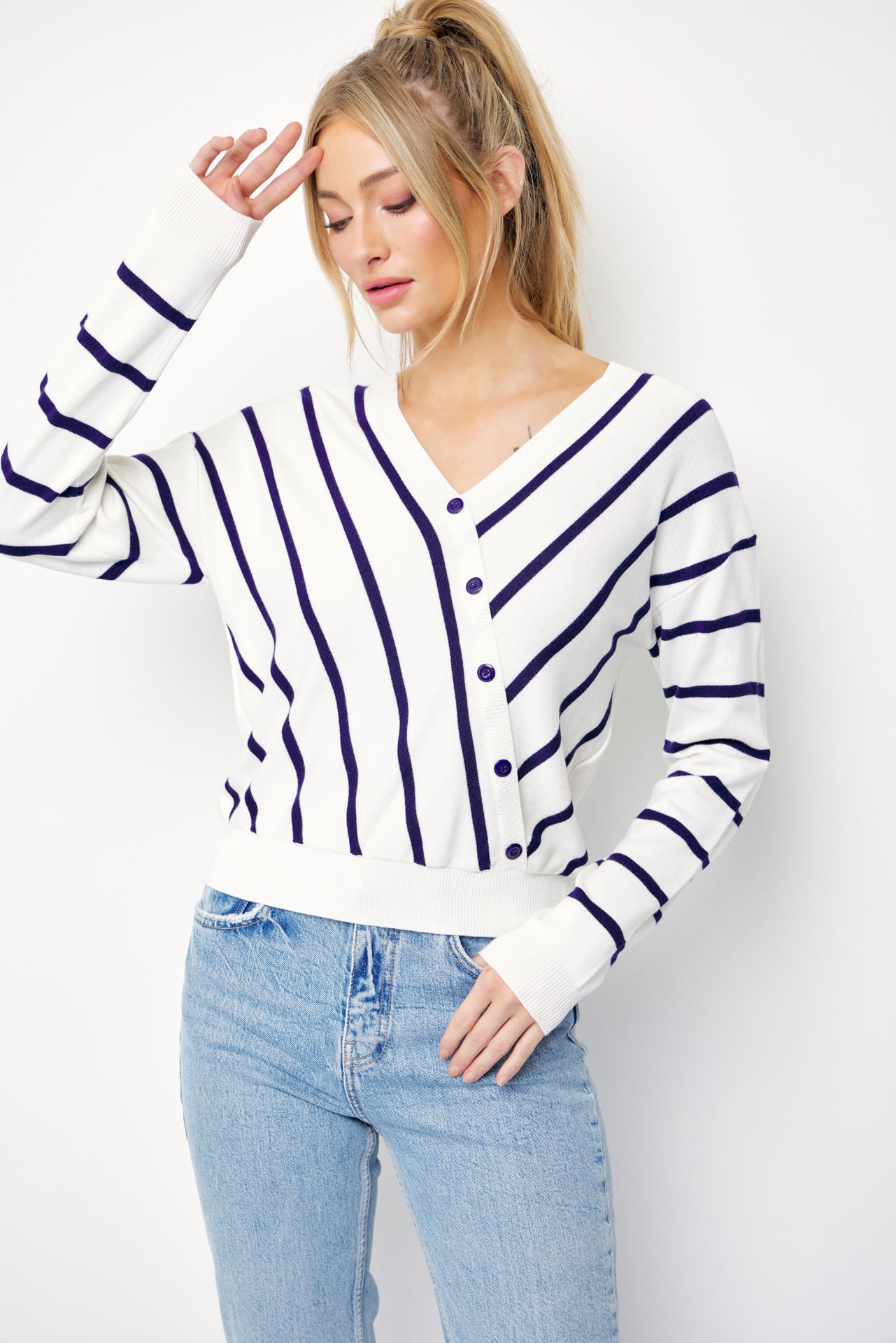 Elysia Knit Stripe Long Sleeve Surplice Top With Button Detail