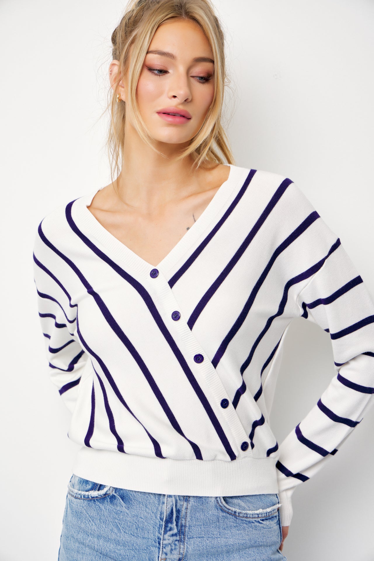 Elysia Knit Stripe Long Sleeve Surplice Top With Button Detail