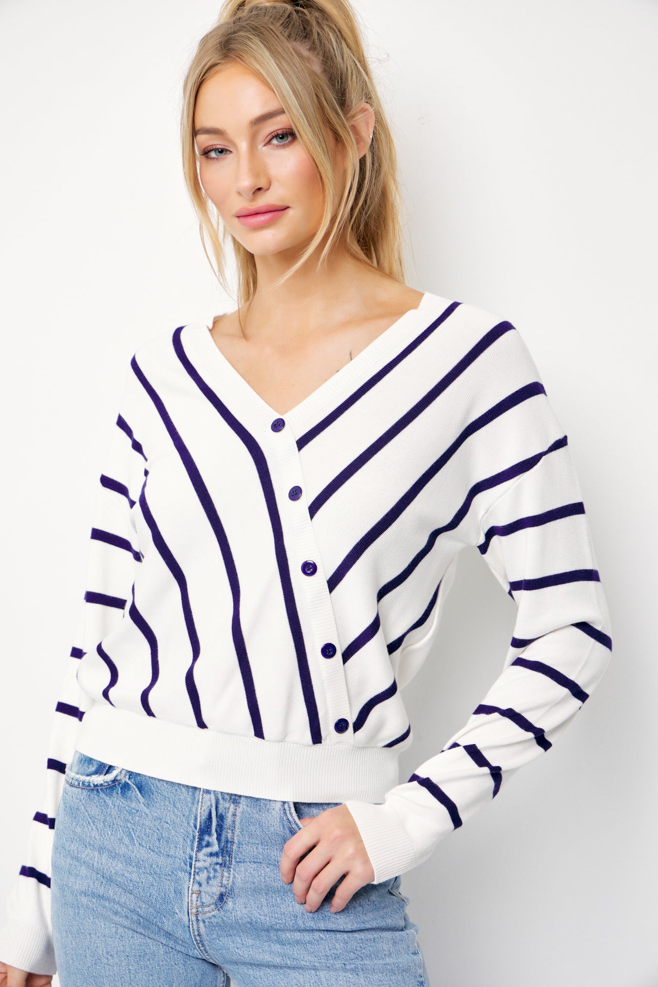 Elysia Knit Stripe Long Sleeve Surplice Top With Button Detail