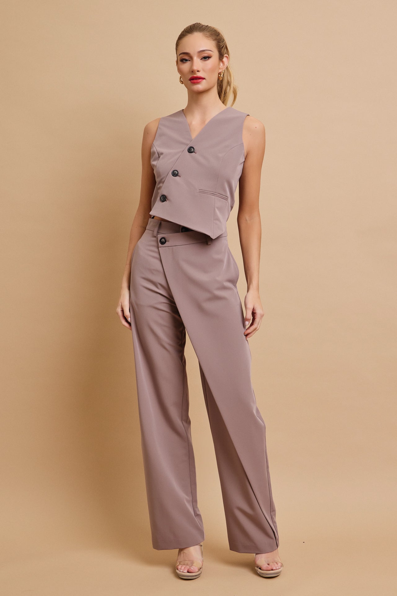 Effortless Flow Woven Asymmetrical Hem Vest & Wide Leg Pants Set