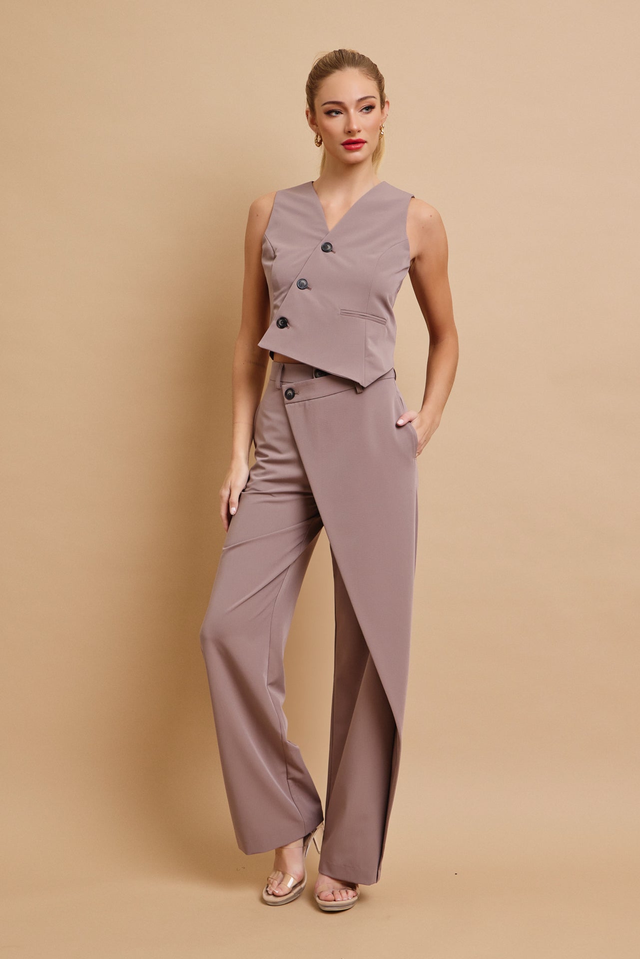 Effortless Flow Woven Asymmetrical Hem Vest & Wide Leg Pants Set