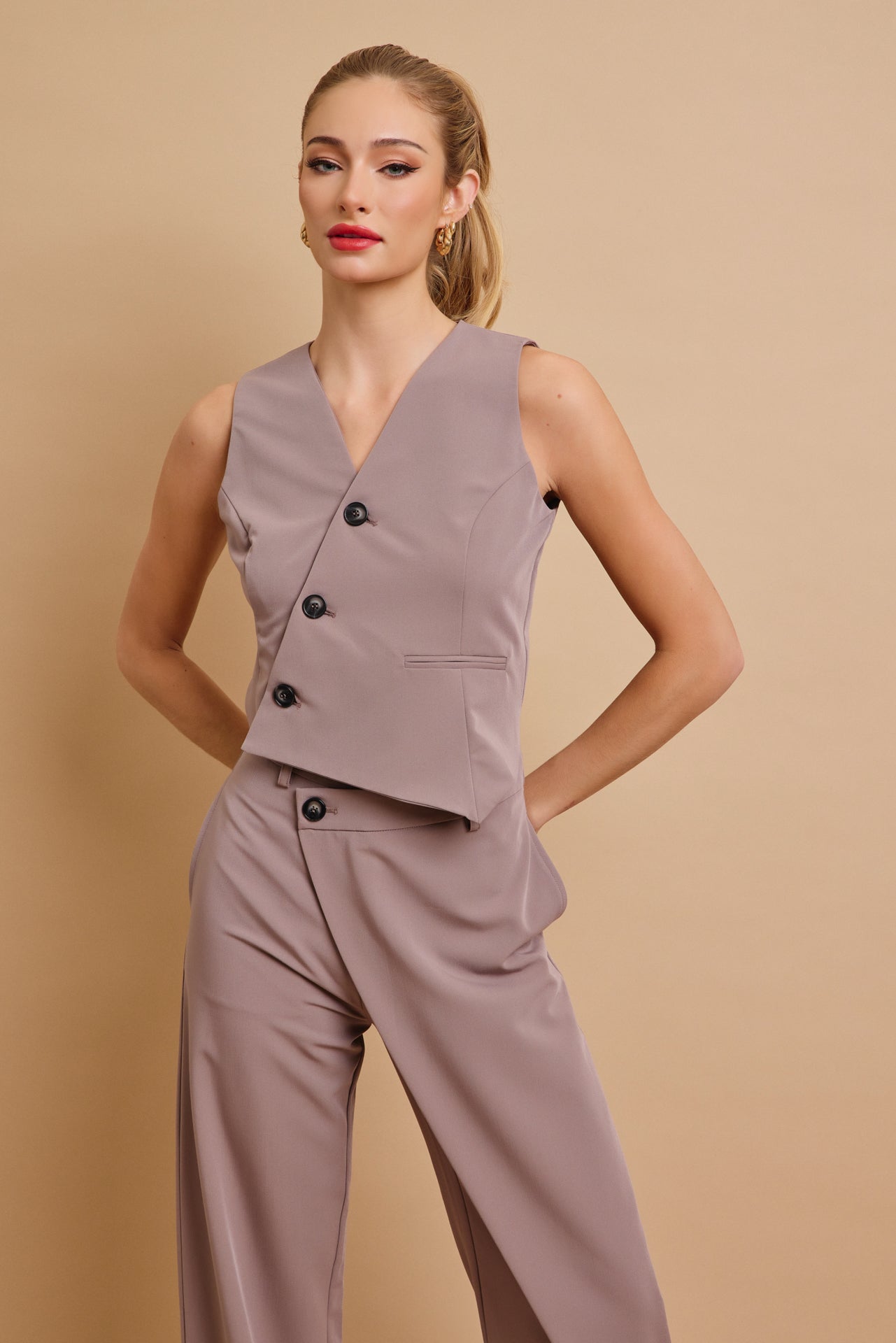 Effortless Flow Woven Asymmetrical Hem Vest & Wide Leg Pants Set