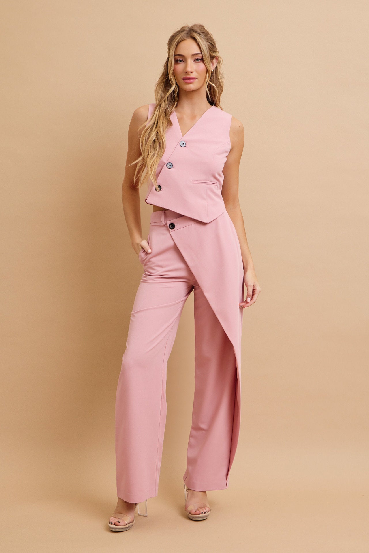 Effortless Flow Woven Asymmetrical Hem Vest & Wide Leg Pants Set