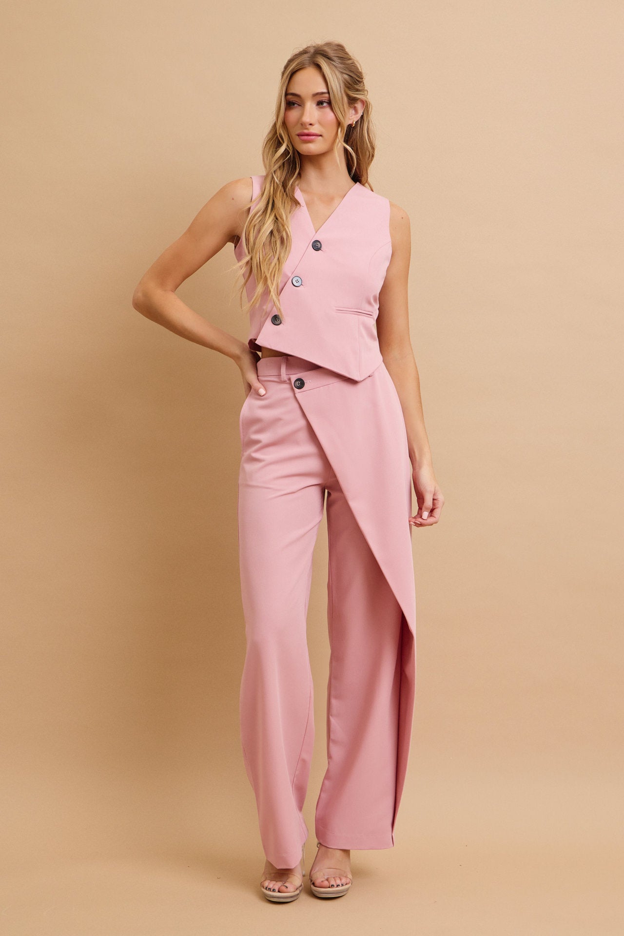 Effortless Flow Woven Asymmetrical Hem Vest & Wide Leg Pants Set