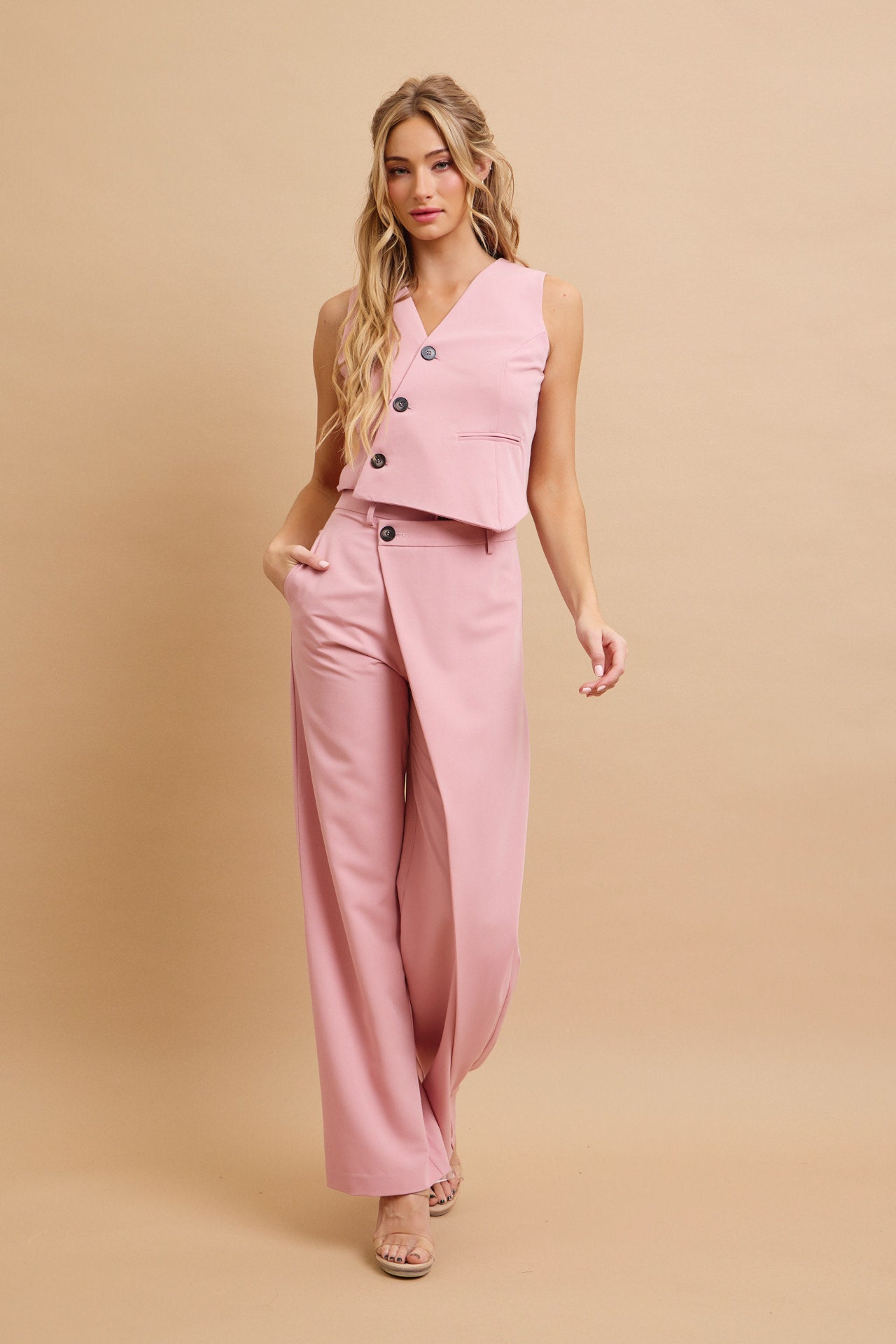 Effortless Flow Woven Asymmetrical Hem Vest & Wide Leg Pants Set