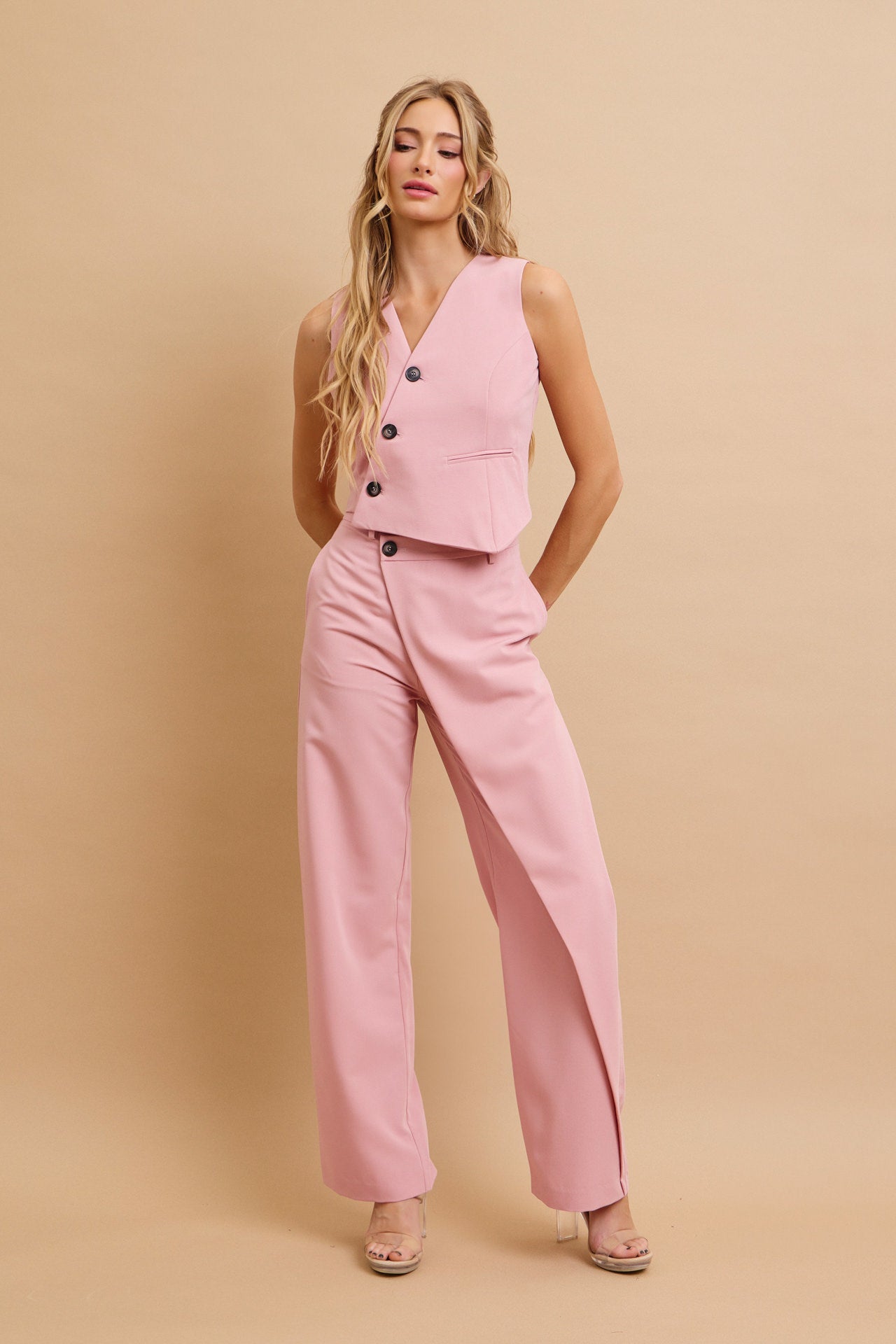 Effortless Flow Woven Asymmetrical Hem Vest & Wide Leg Pants Set