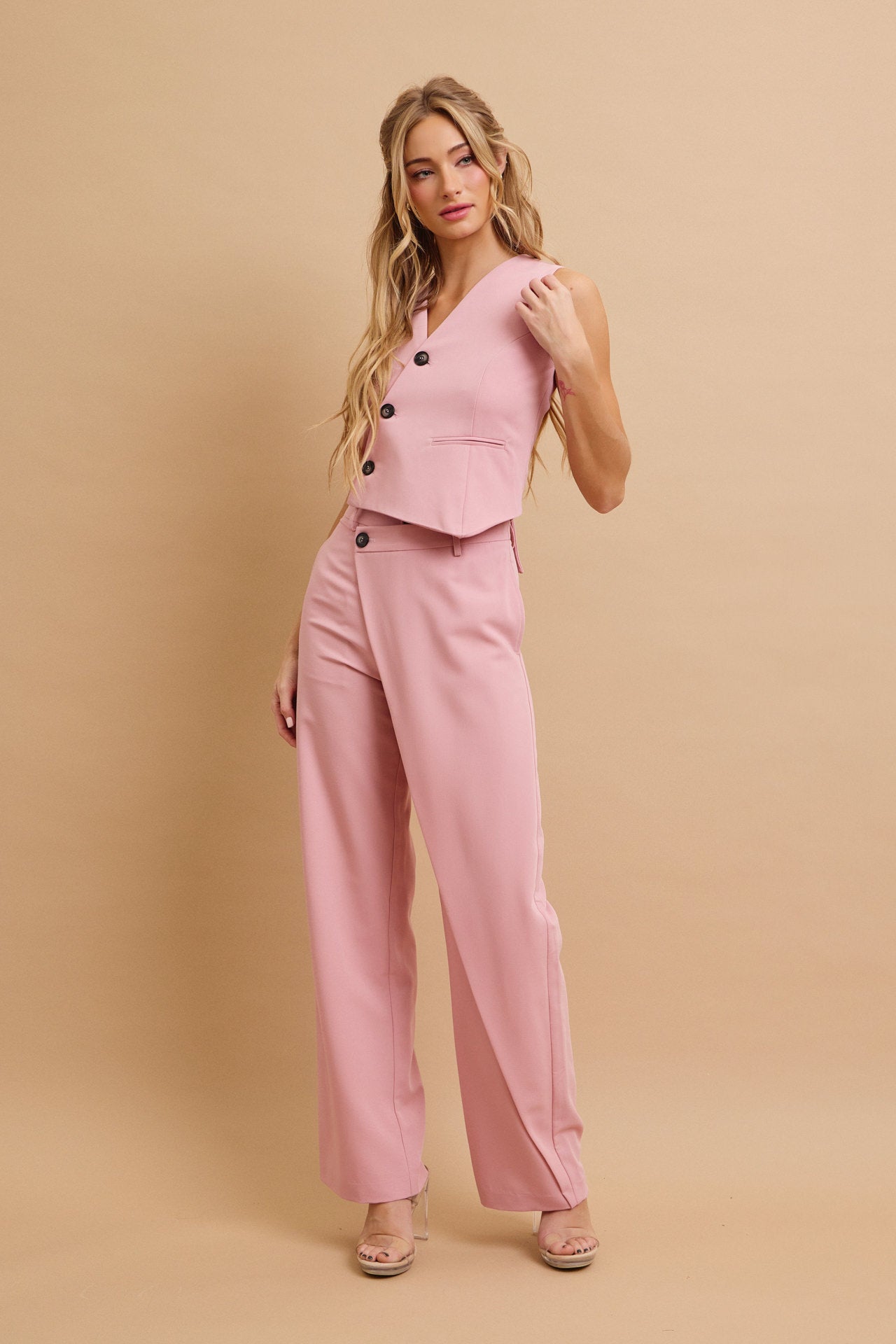 Effortless Flow Woven Asymmetrical Hem Vest & Wide Leg Pants Set