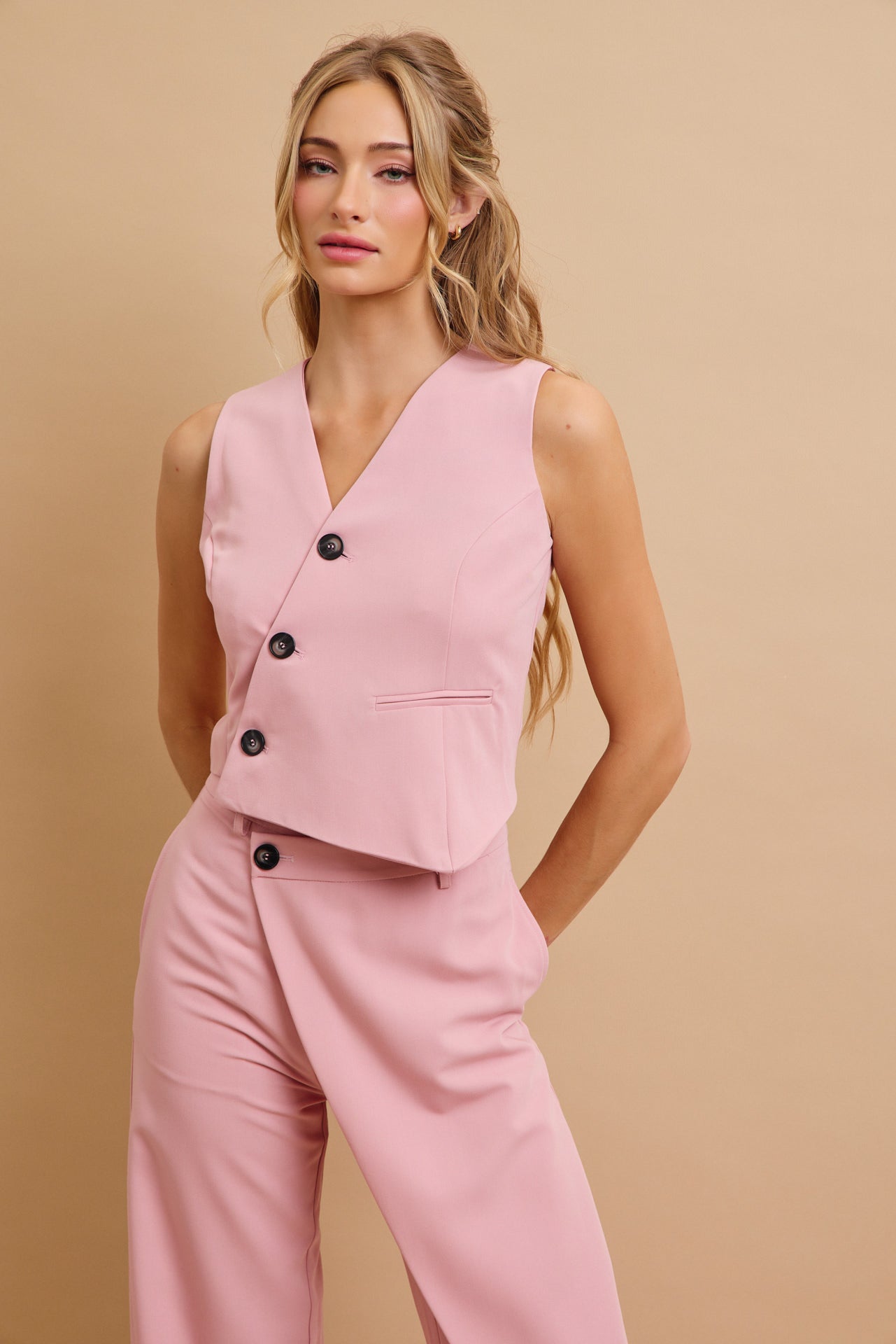 Effortless Flow Woven Asymmetrical Hem Vest & Wide Leg Pants Set