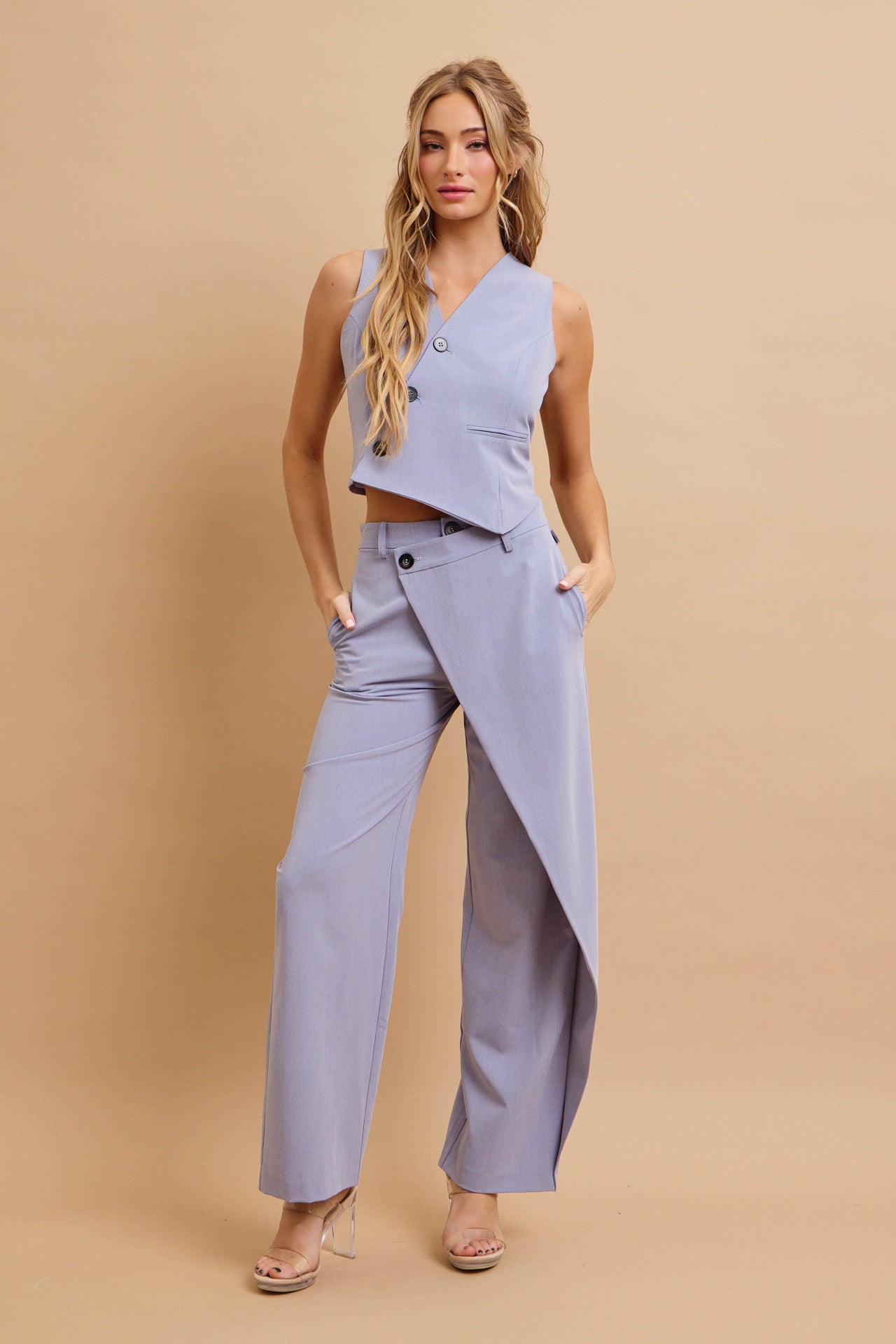 Effortless Flow Woven Asymmetrical Hem Vest & Wide Leg Pants Set