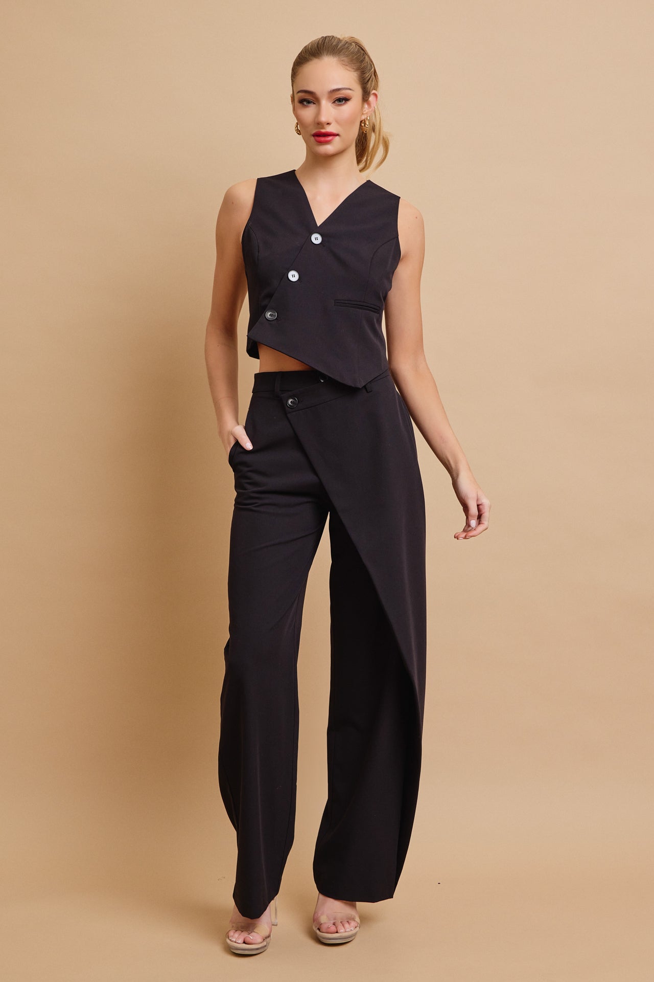 Effortless Flow Woven Asymmetrical Hem Vest & Wide Leg Pants Set