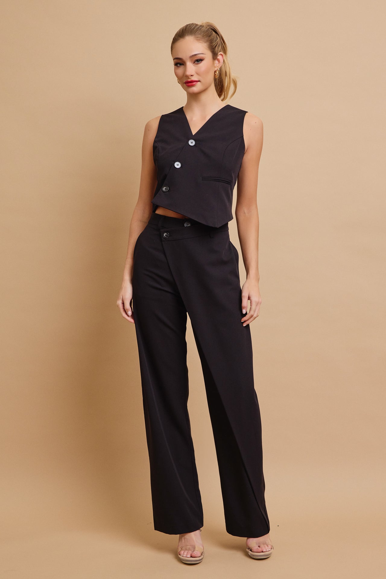 Effortless Flow Woven Asymmetrical Hem Vest & Wide Leg Pants Set