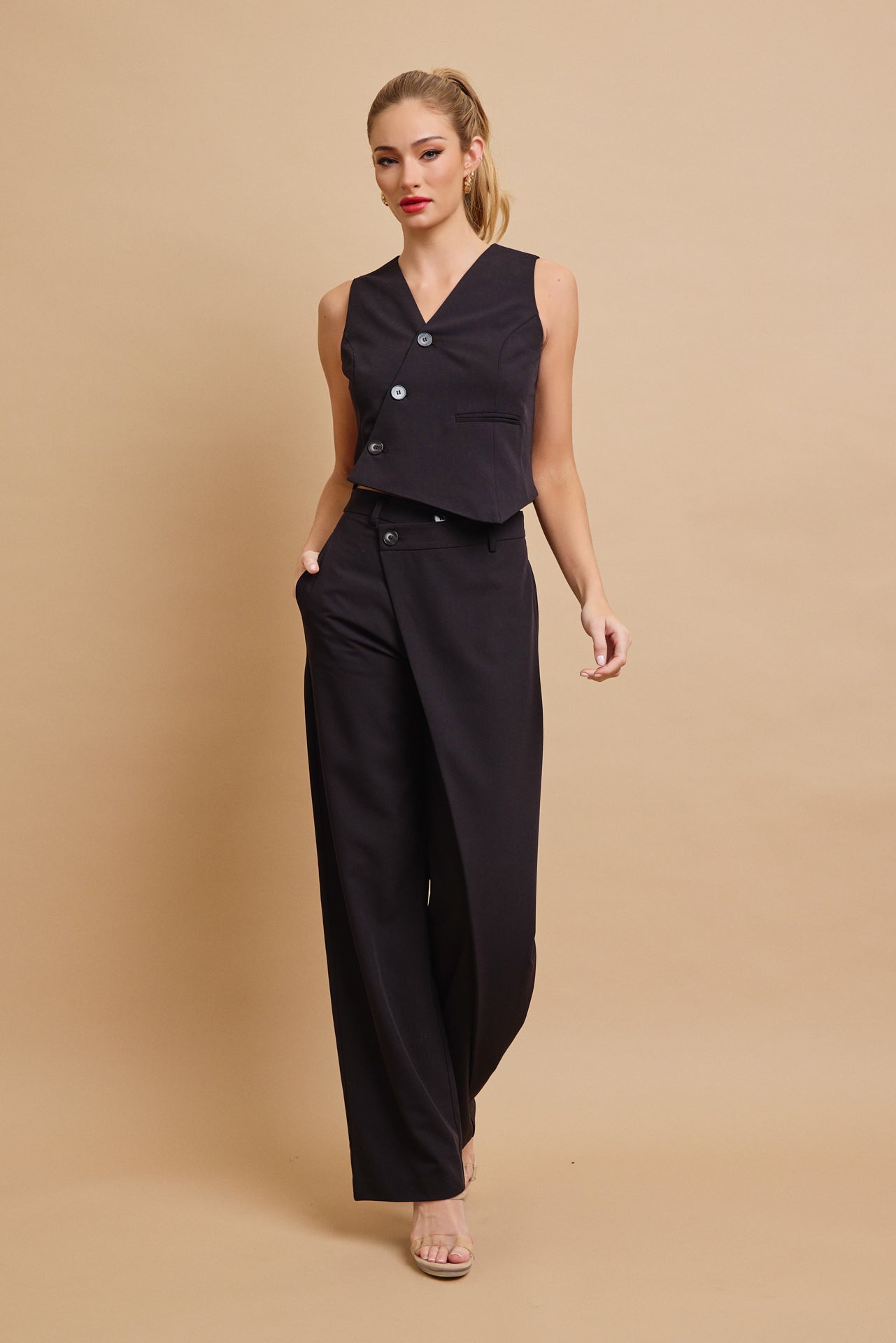 Effortless Flow Woven Asymmetrical Hem Vest & Wide Leg Pants Set