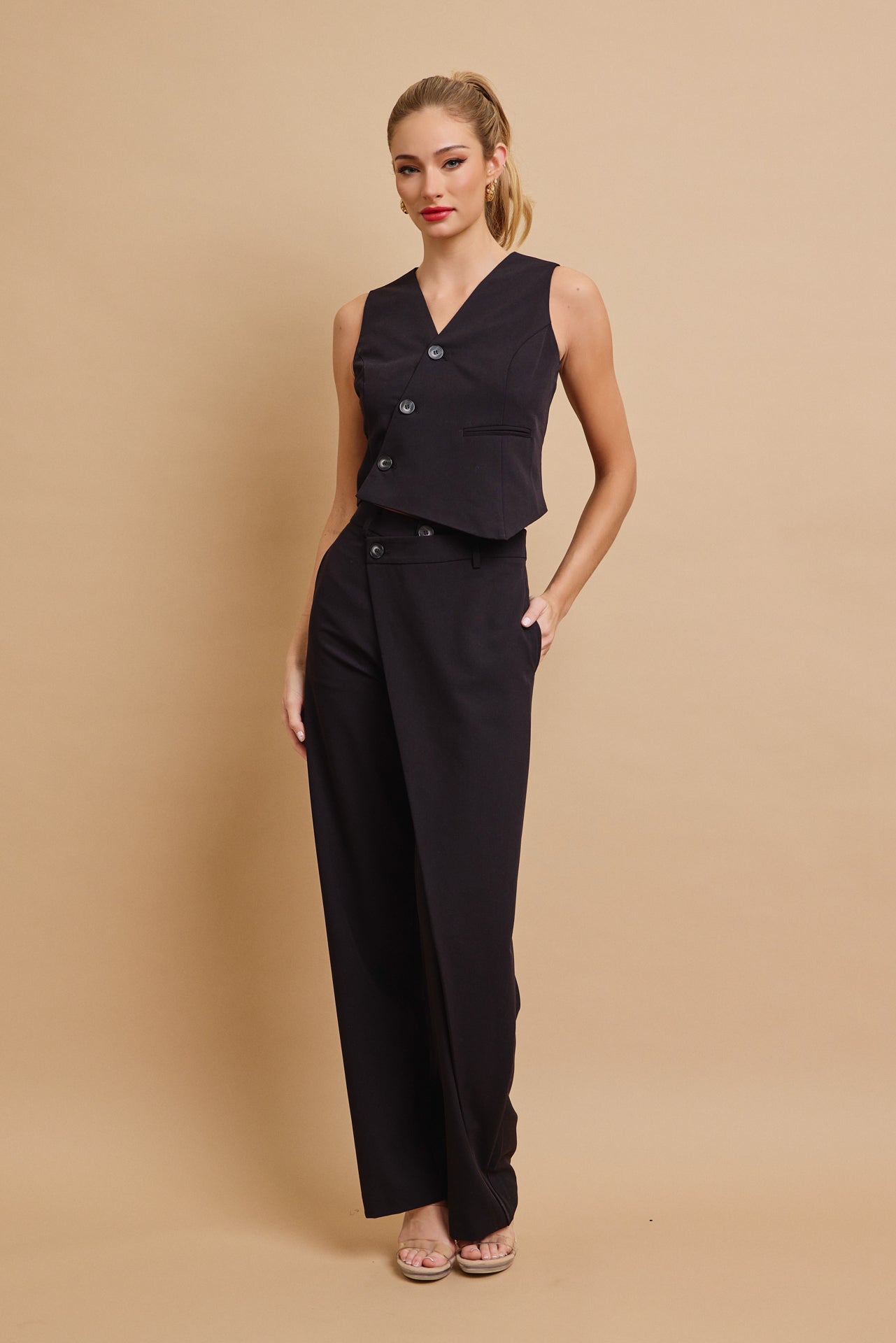 Effortless Flow Woven Asymmetrical Hem Vest & Wide Leg Pants Set