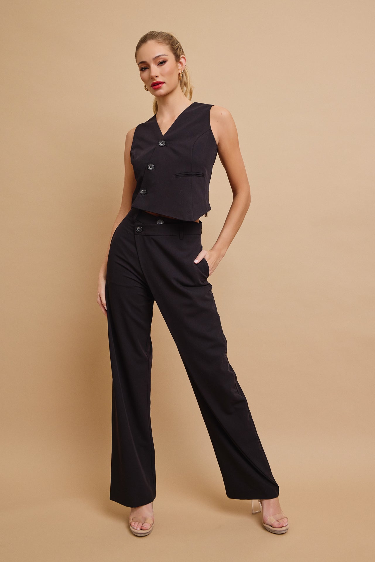 Effortless Flow Woven Asymmetrical Hem Vest & Wide Leg Pants Set